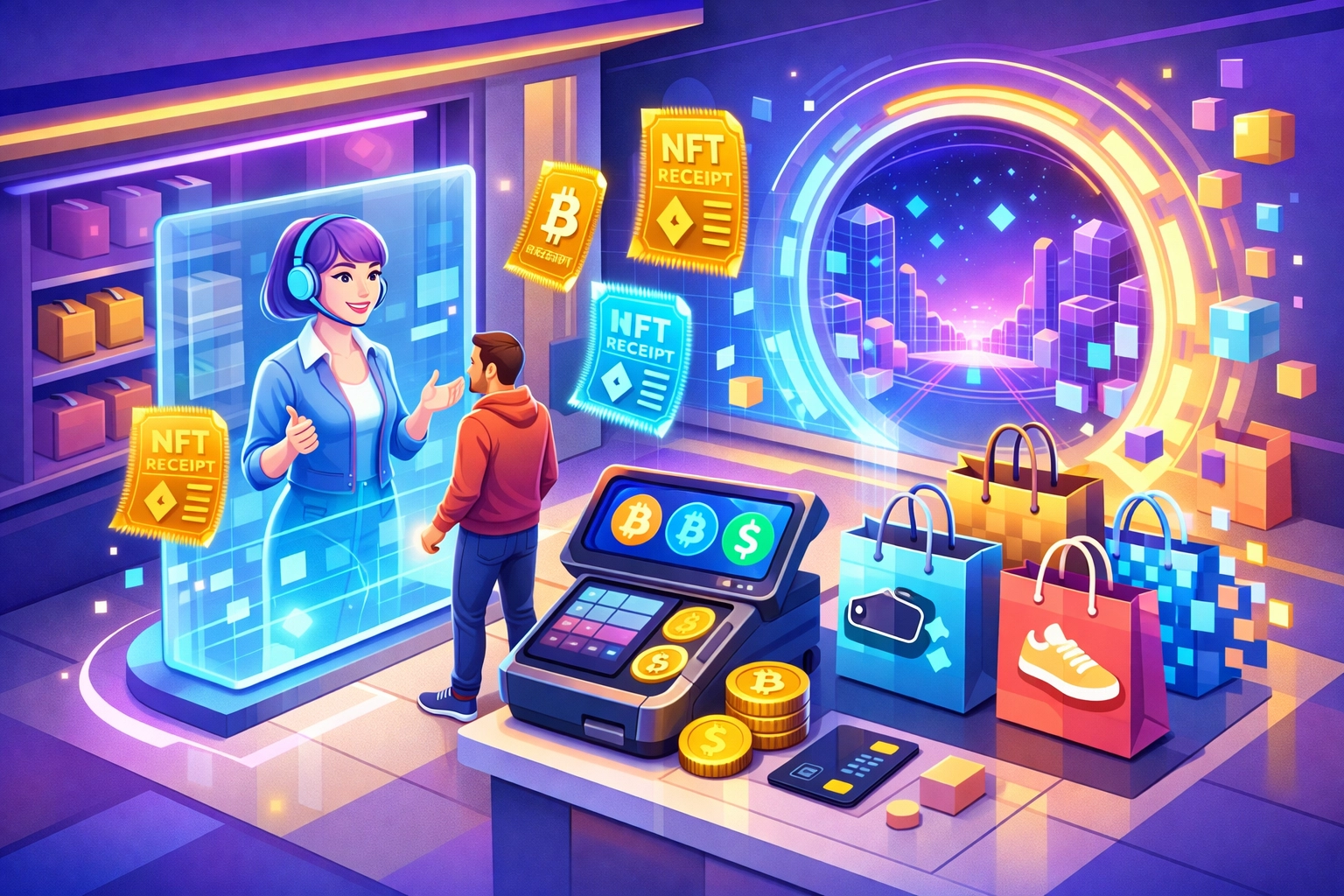 Metaverse retail store with AI assistant and NFT receipt tokens for crypto payments