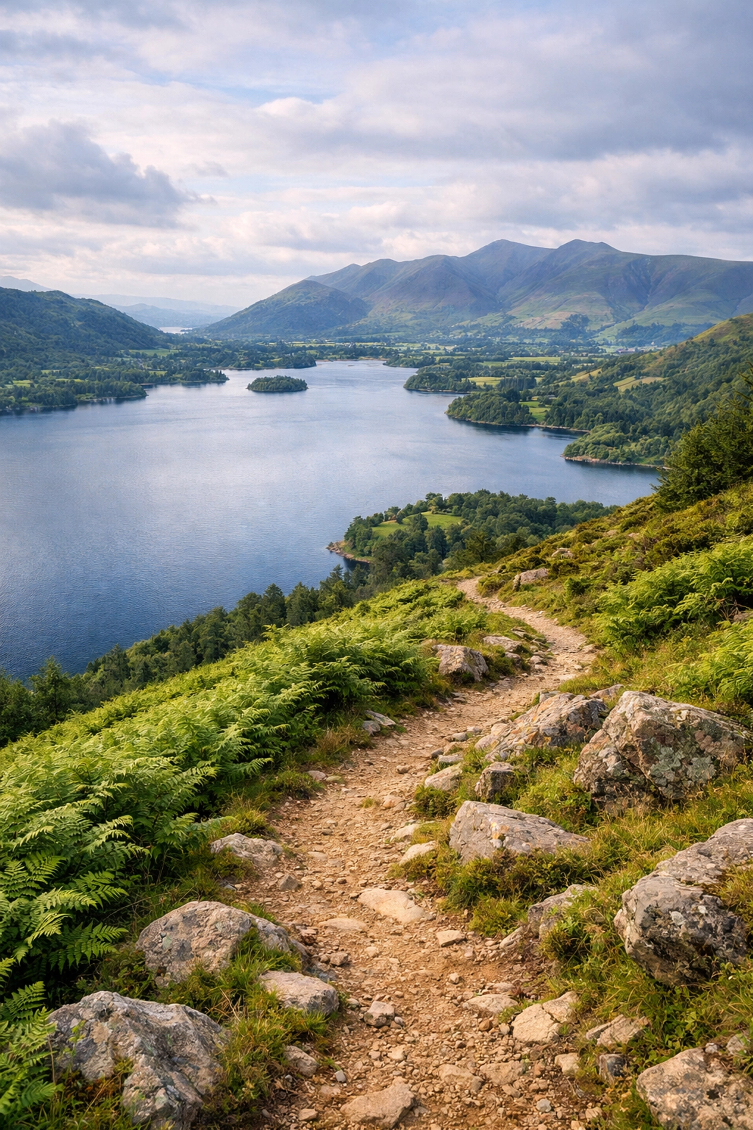 Scenic view of a hiking trail overlooking Derwentwater, ideal for guided walks in the Lake District.