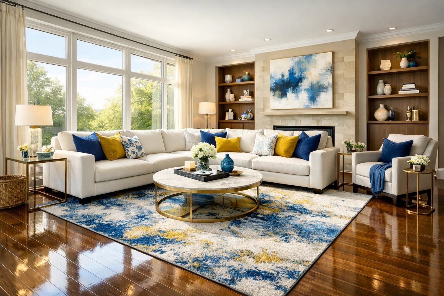 Organized modern living room with polished floors reflecting a customized home maintenance plan.