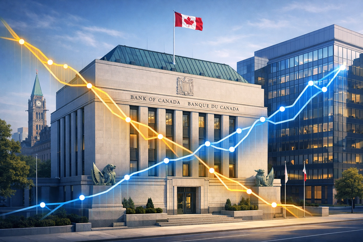Bank of Canada building with interest rate trend graphs showing 2026 mortgage rate forecasts
