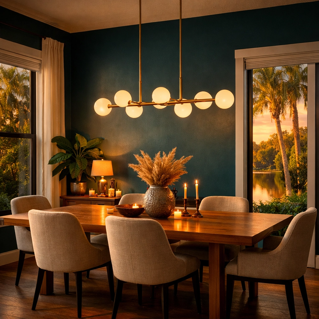 Orlando dining room with deep green-blue accent wall and natural wood furniture