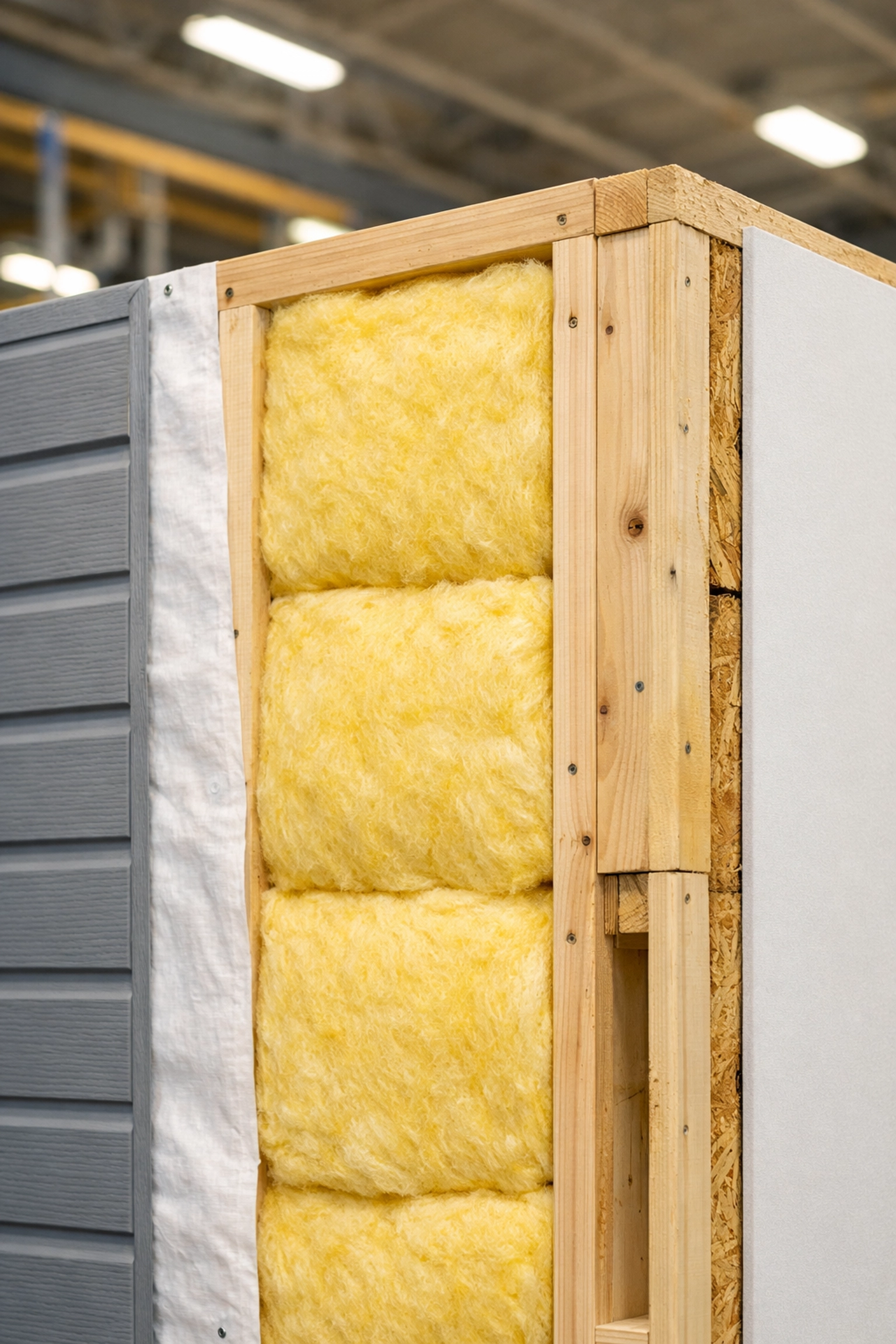 Energy-efficient insulation layers in modular home factory construction