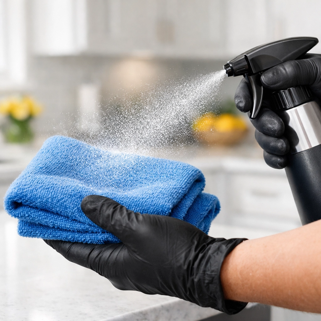 Professional house cleaning Worcester MA technician spraying solution onto a cloth for streak-free counters.