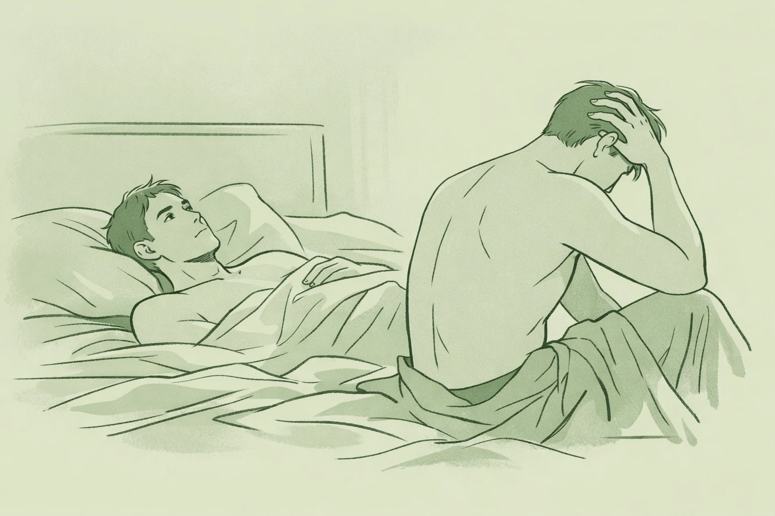 MM couple in vulnerable aftermath of first intimacy showing authentic emotional processing