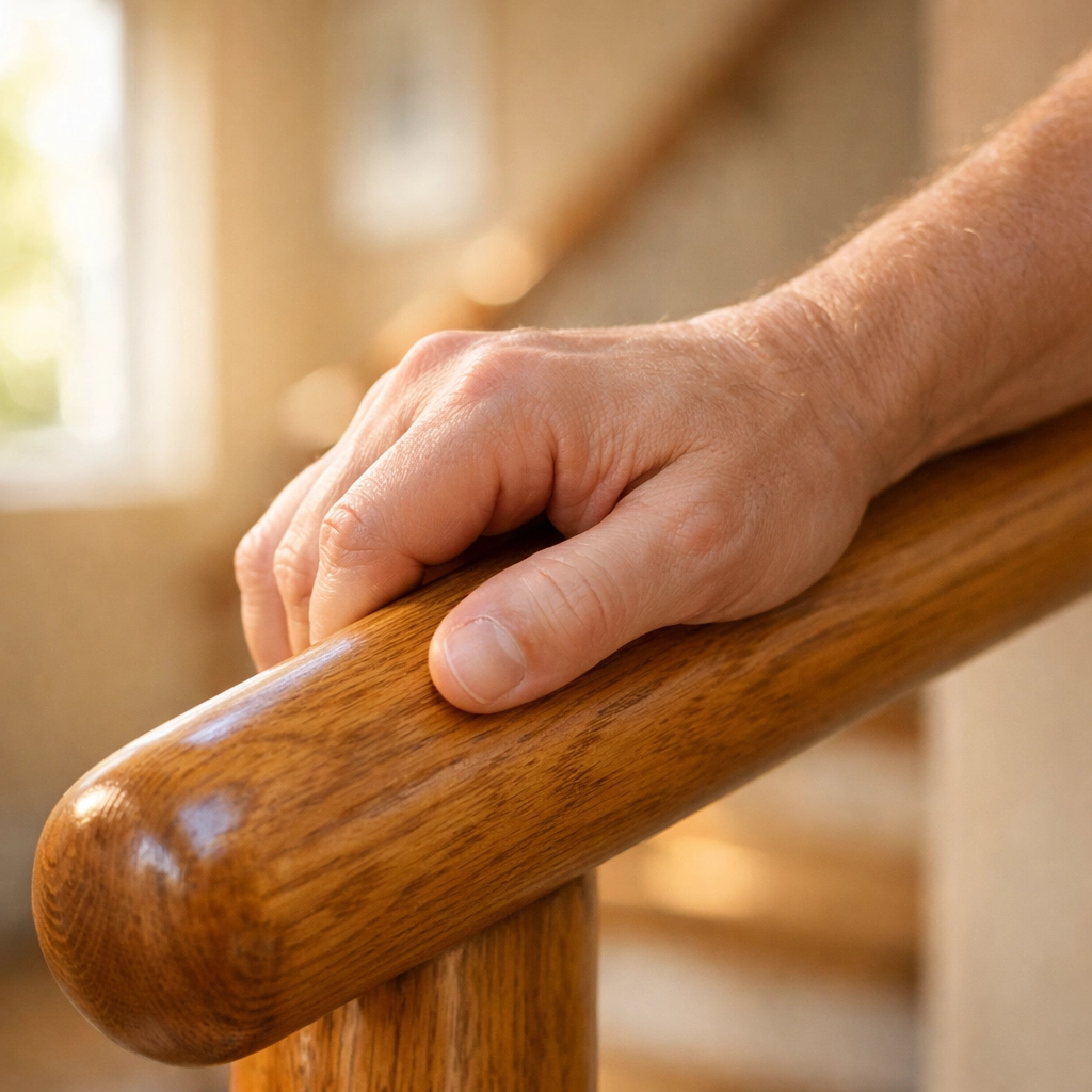 A hand firmly gripping a wooden handrail for stability and safety while using stairs.