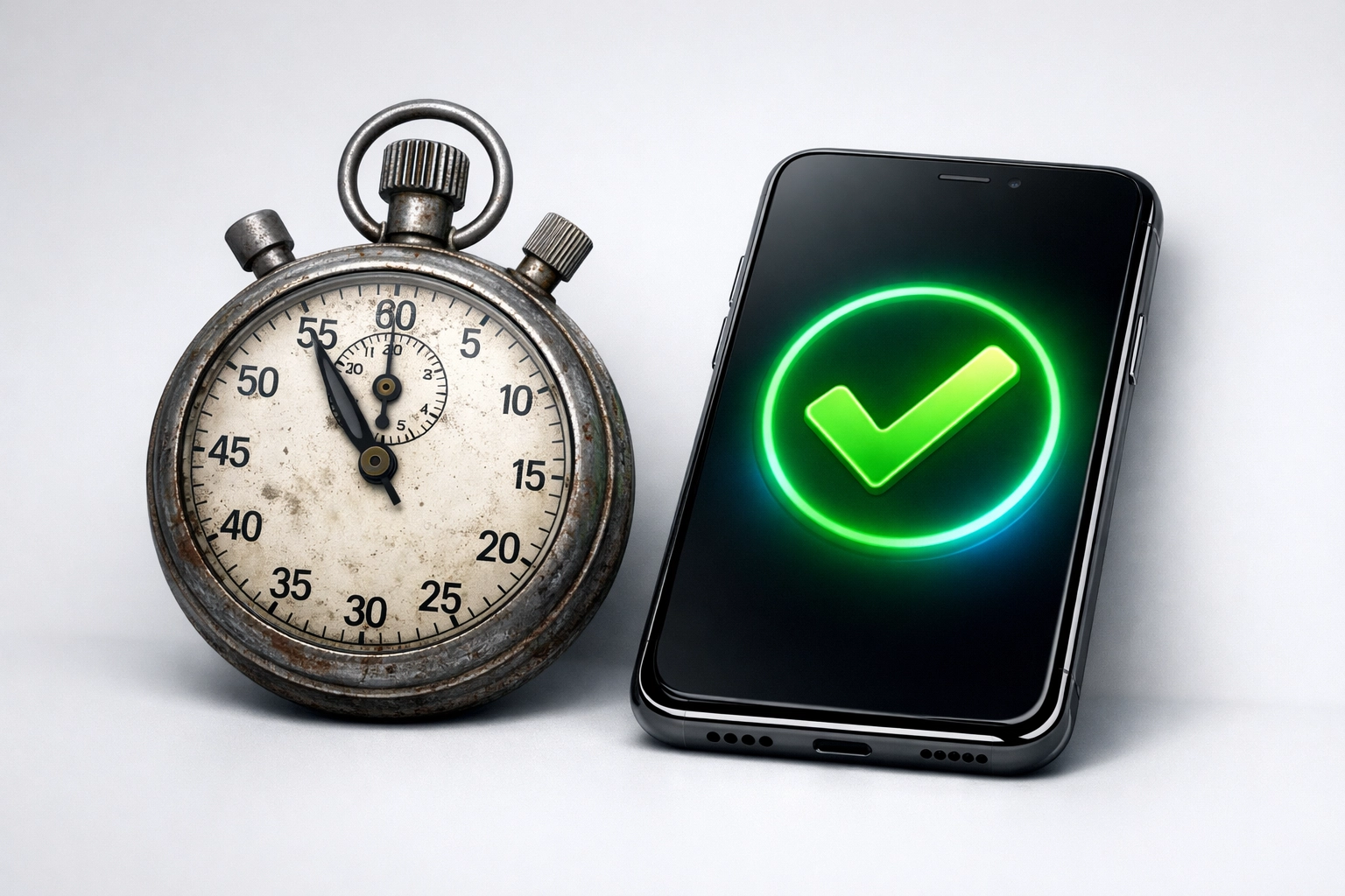 A rusty stopwatch and a modern smartphone showing the transition from manual to automated betting.