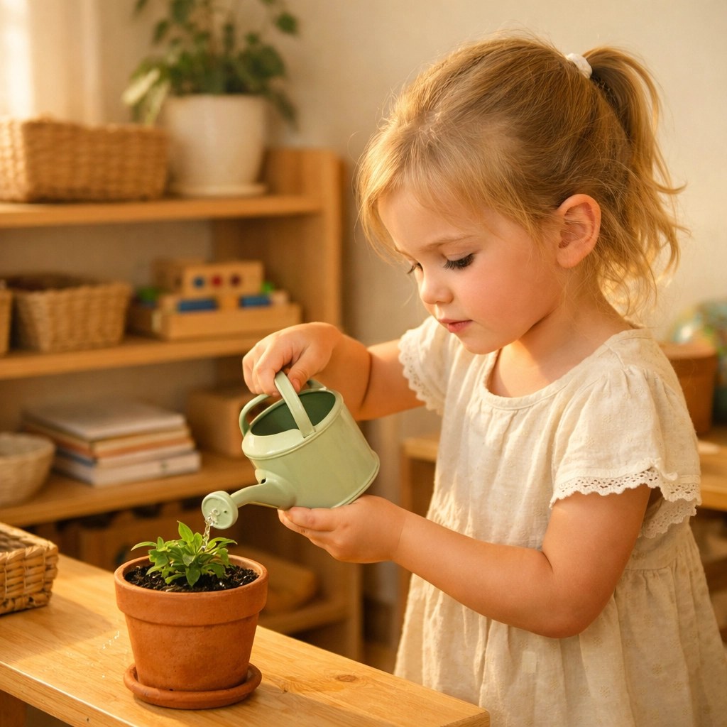 Young child watering plants independently showing Montessori values of responsibility and self-care