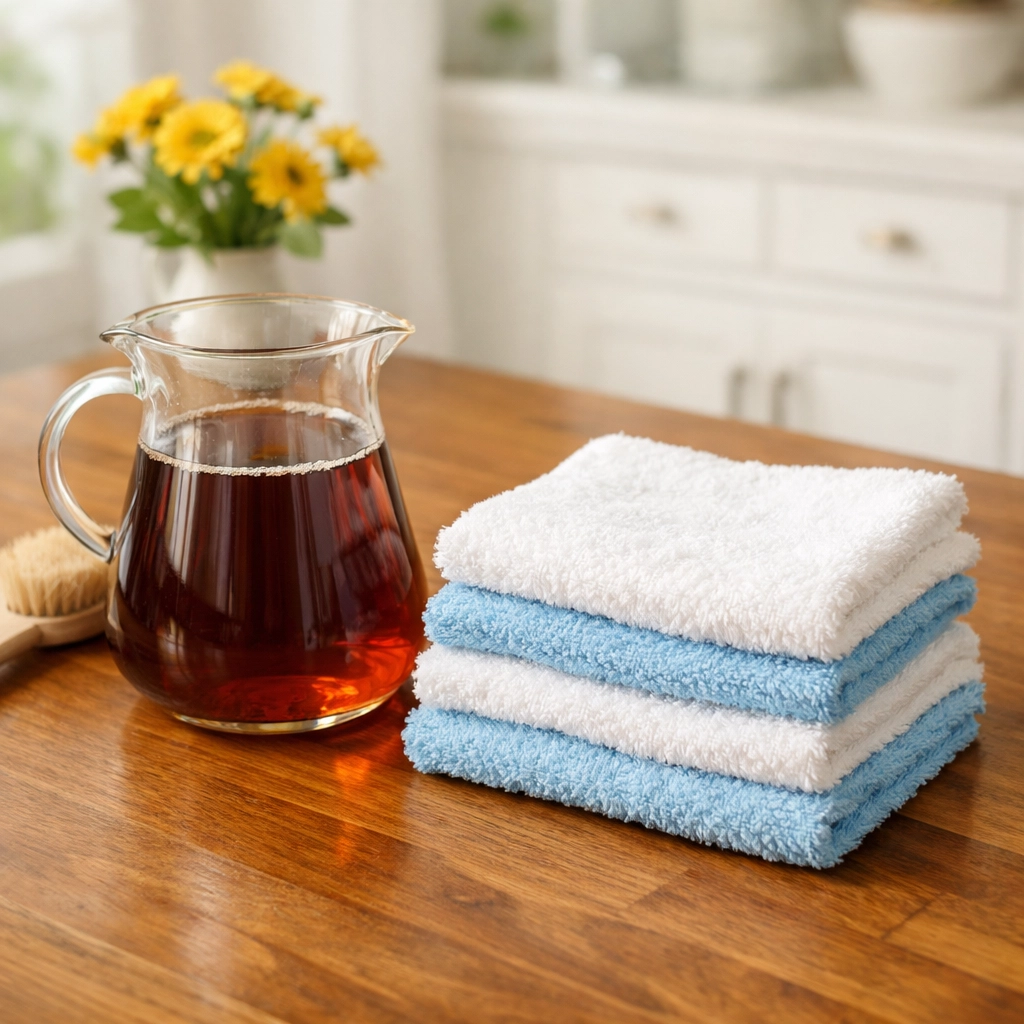 Natural tea cleaning solution and microfiber cloths for eco-friendly hardwood floor maintenance.