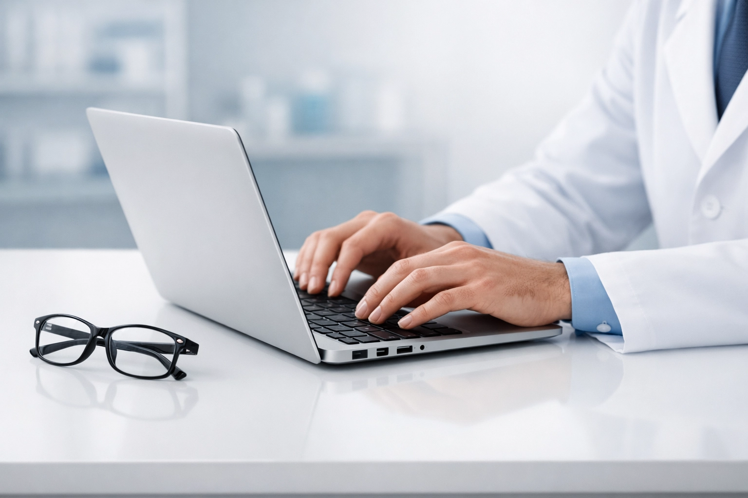 Administrator using a laptop to manage efficient optometry billing services and revenue cycle tasks.