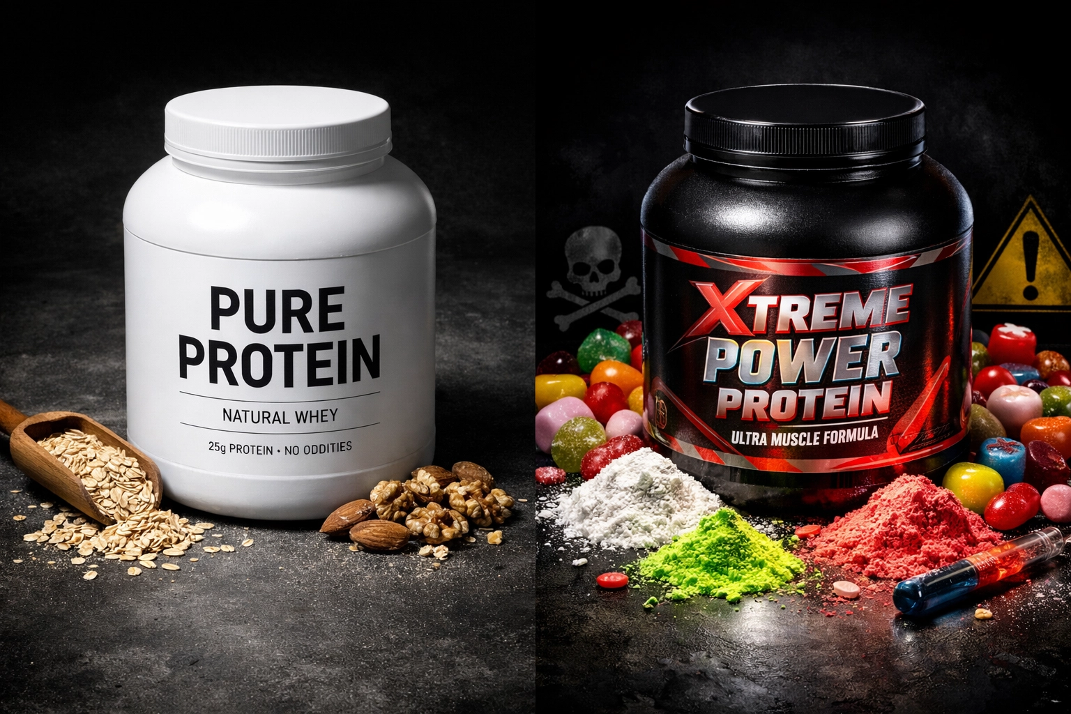 Clean protein powder vs toxic additives comparison showing quality supplement ingredients