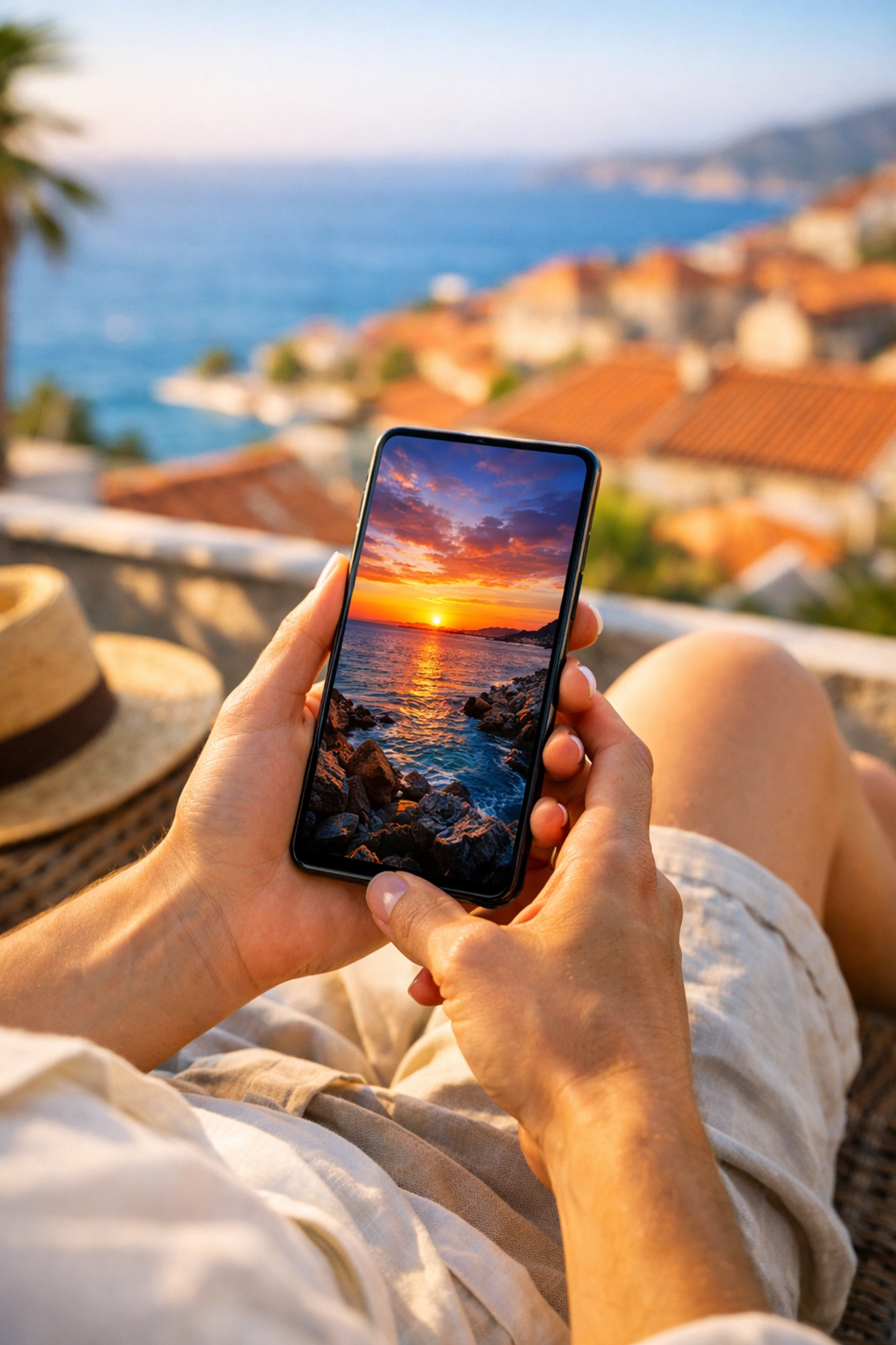 Photographer viewing a high-quality sunset photo on a smartphone after professional compression.