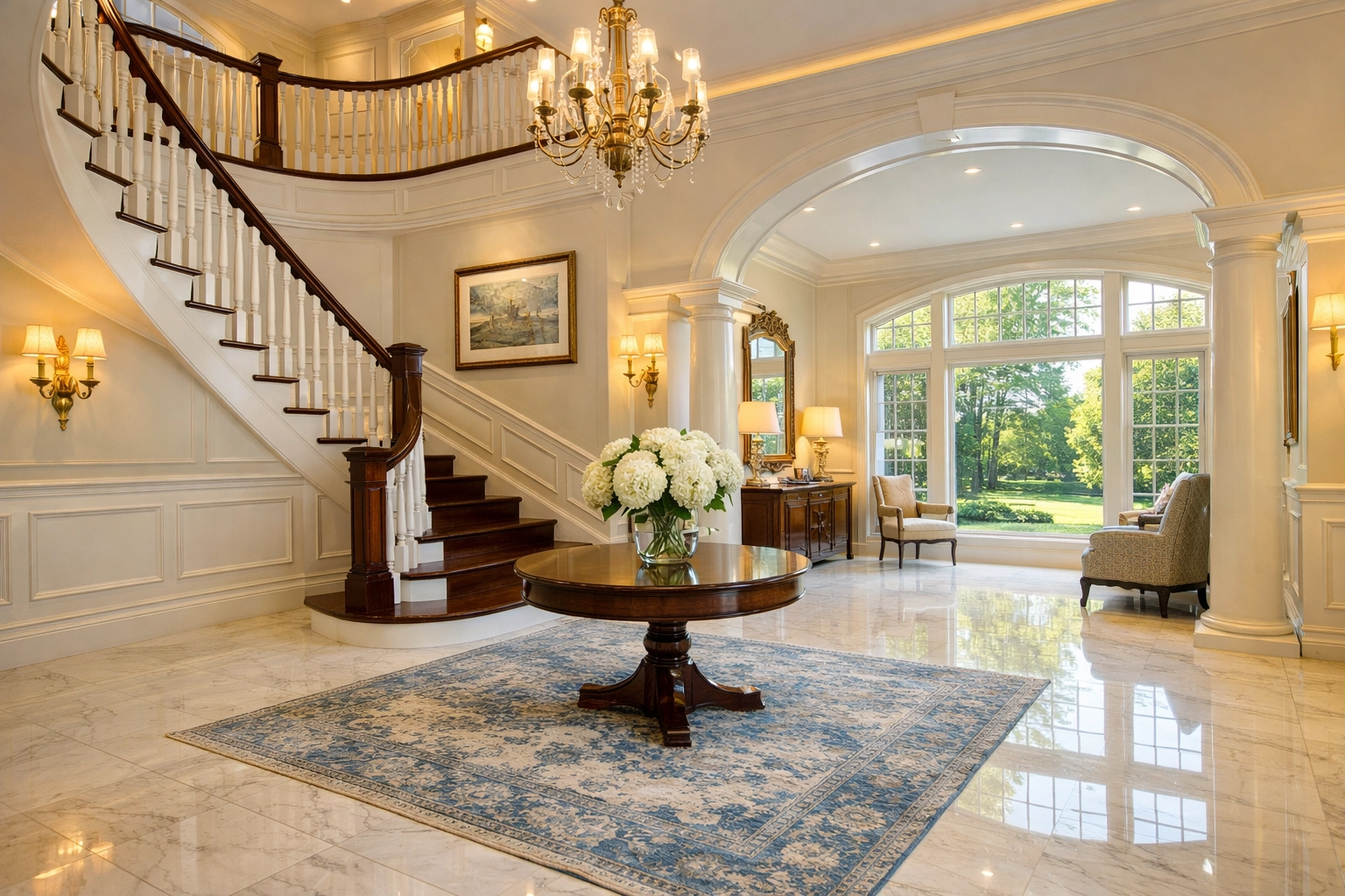 Pristine colonial foyer in Andover showcasing luxury house cleaning standards near the Addison Gallery.