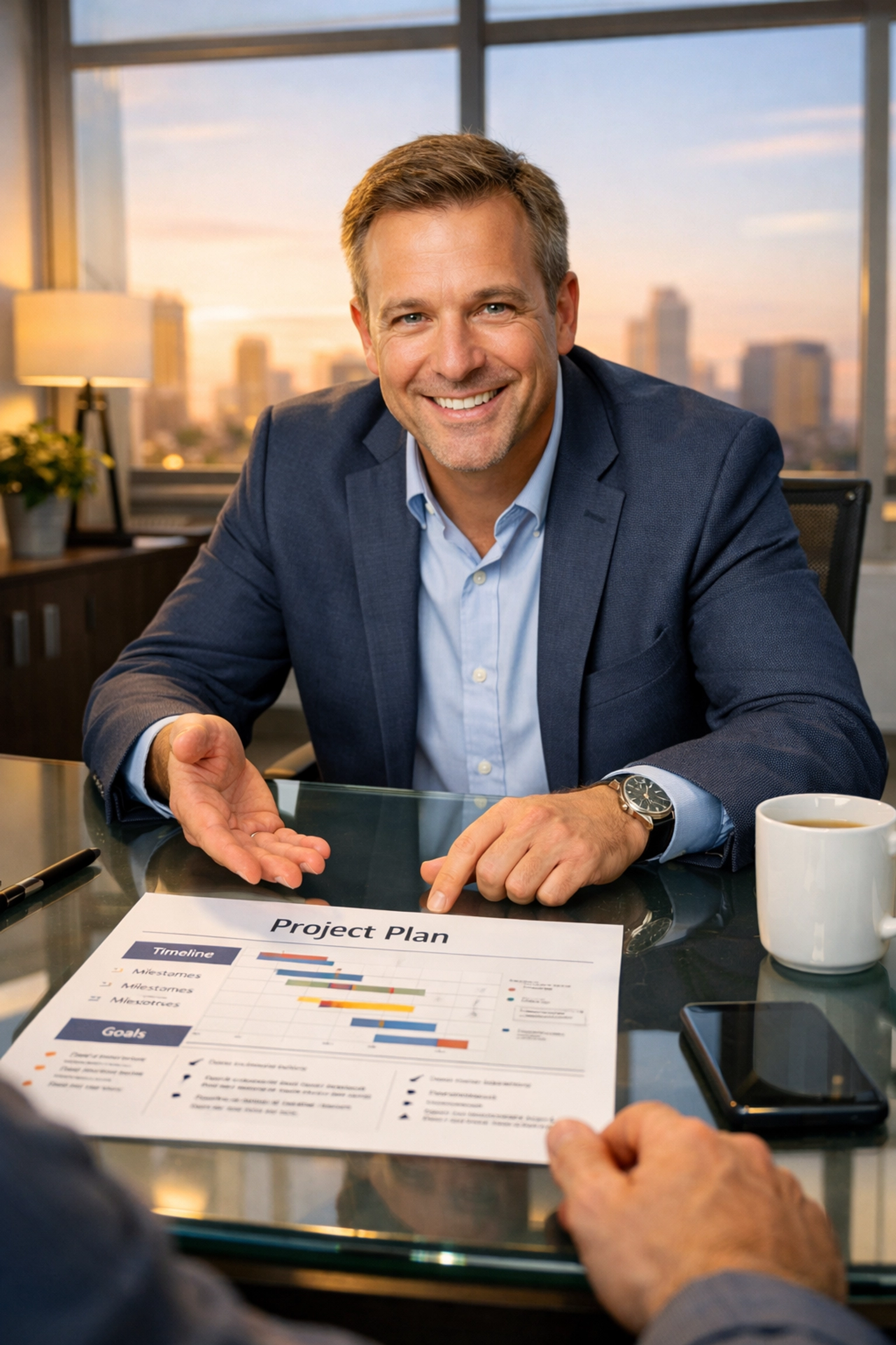 Expert web design consultant explaining a project strategy to a small business owner.