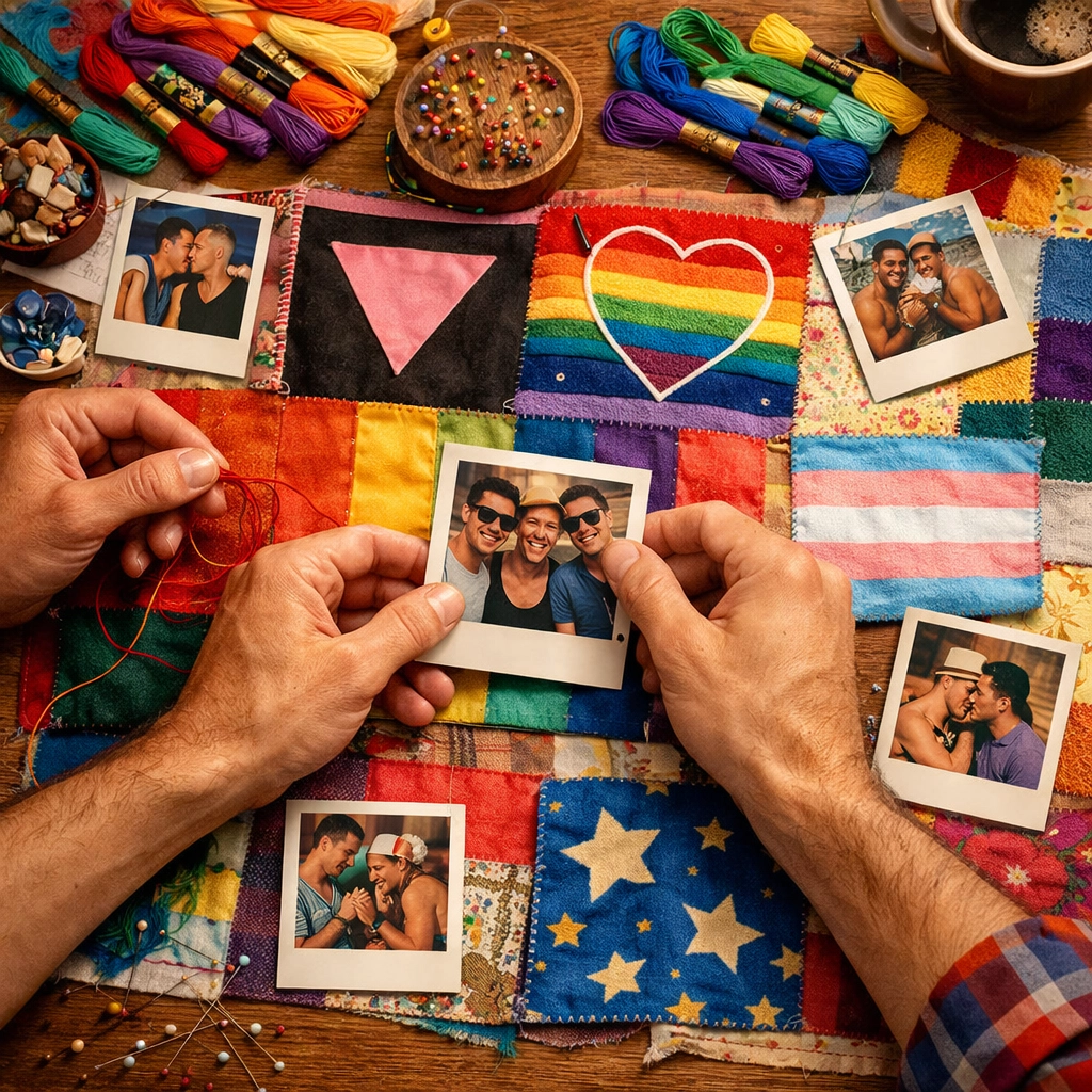 Hands sewing a memory quilt with pride fabrics to celebrate the history of a chosen family.