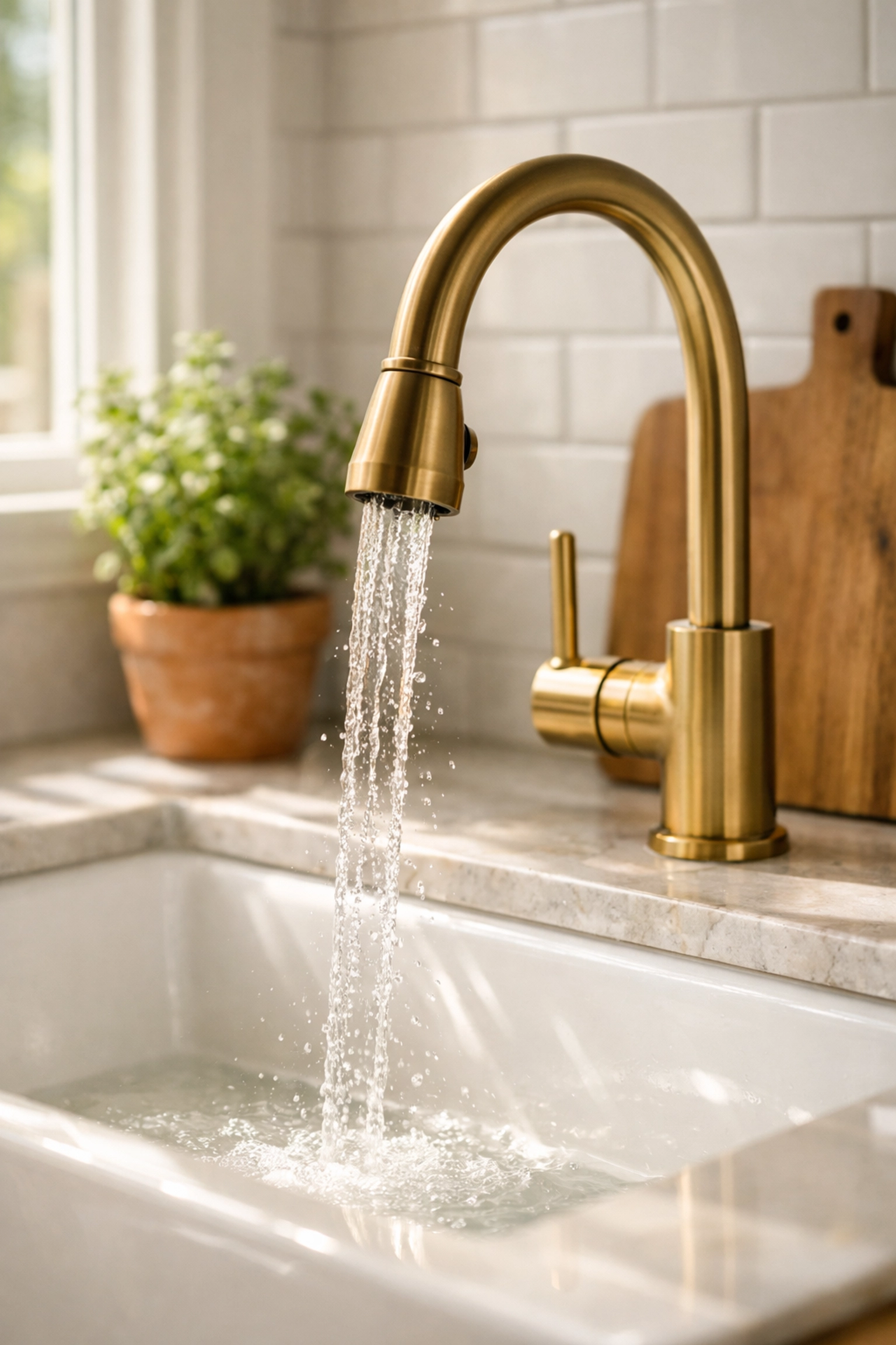Modern matte black faucet with flowing water in bright farmhouse kitchen sink