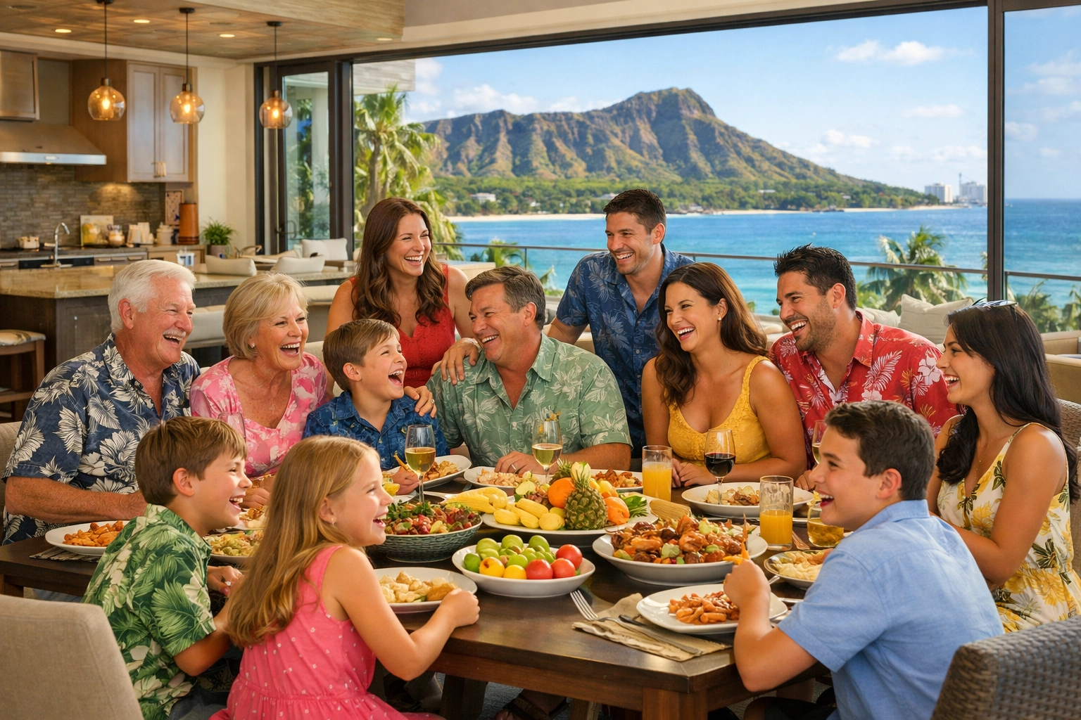 Large family enjoying dinner at Hale Ohana