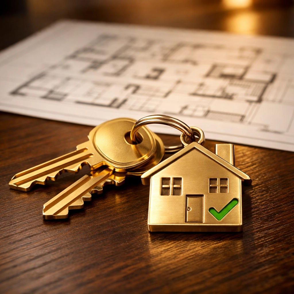 House keys with a green check fob on a desk next to HMO property floor plans.