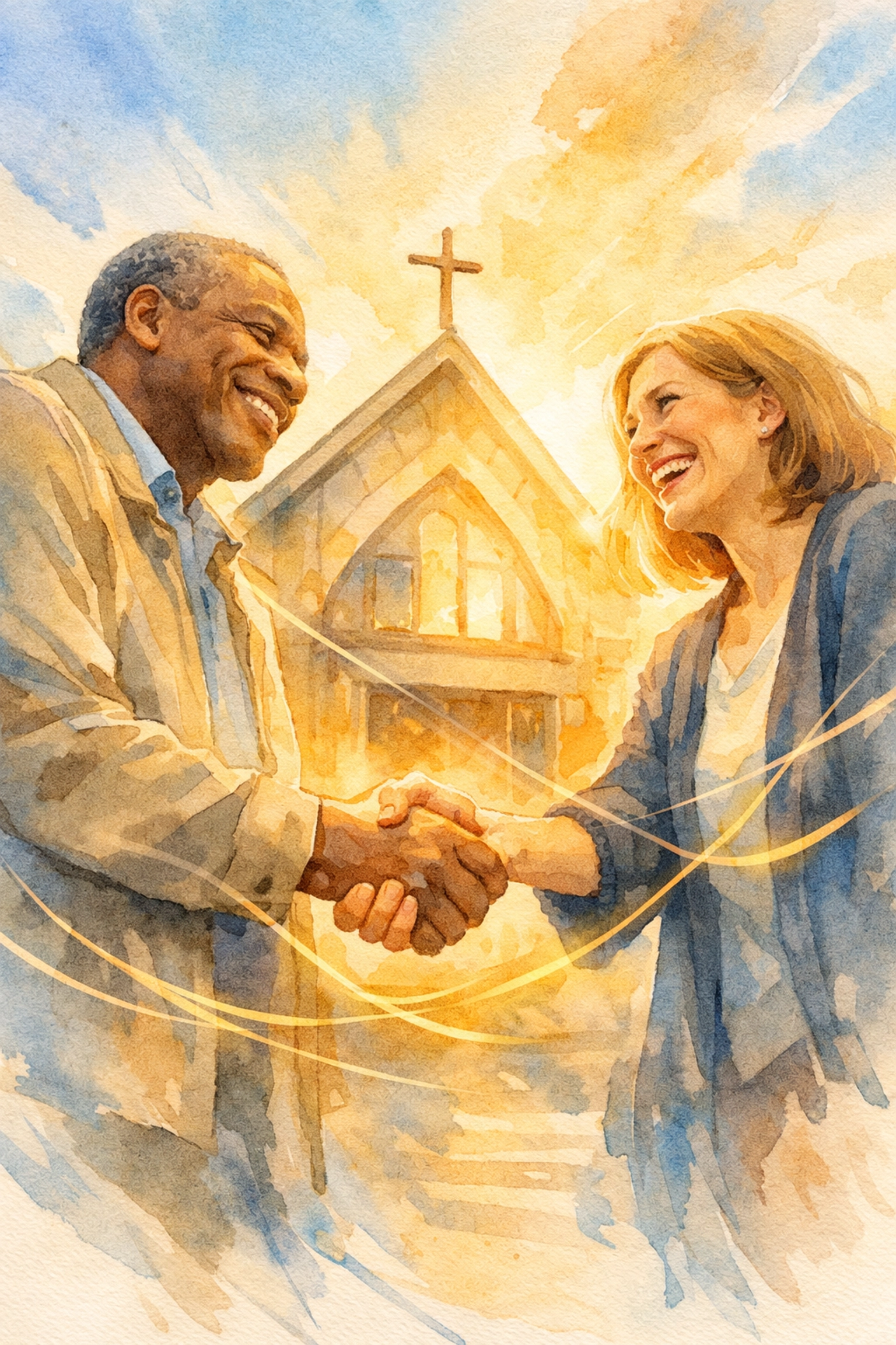 Two church members warmly greeting and welcoming a newcomer at church entrance