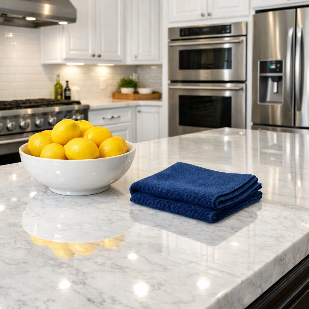 A sanitized luxury kitchen in Leominster with a polished marble island and clean stainless steel appliances.