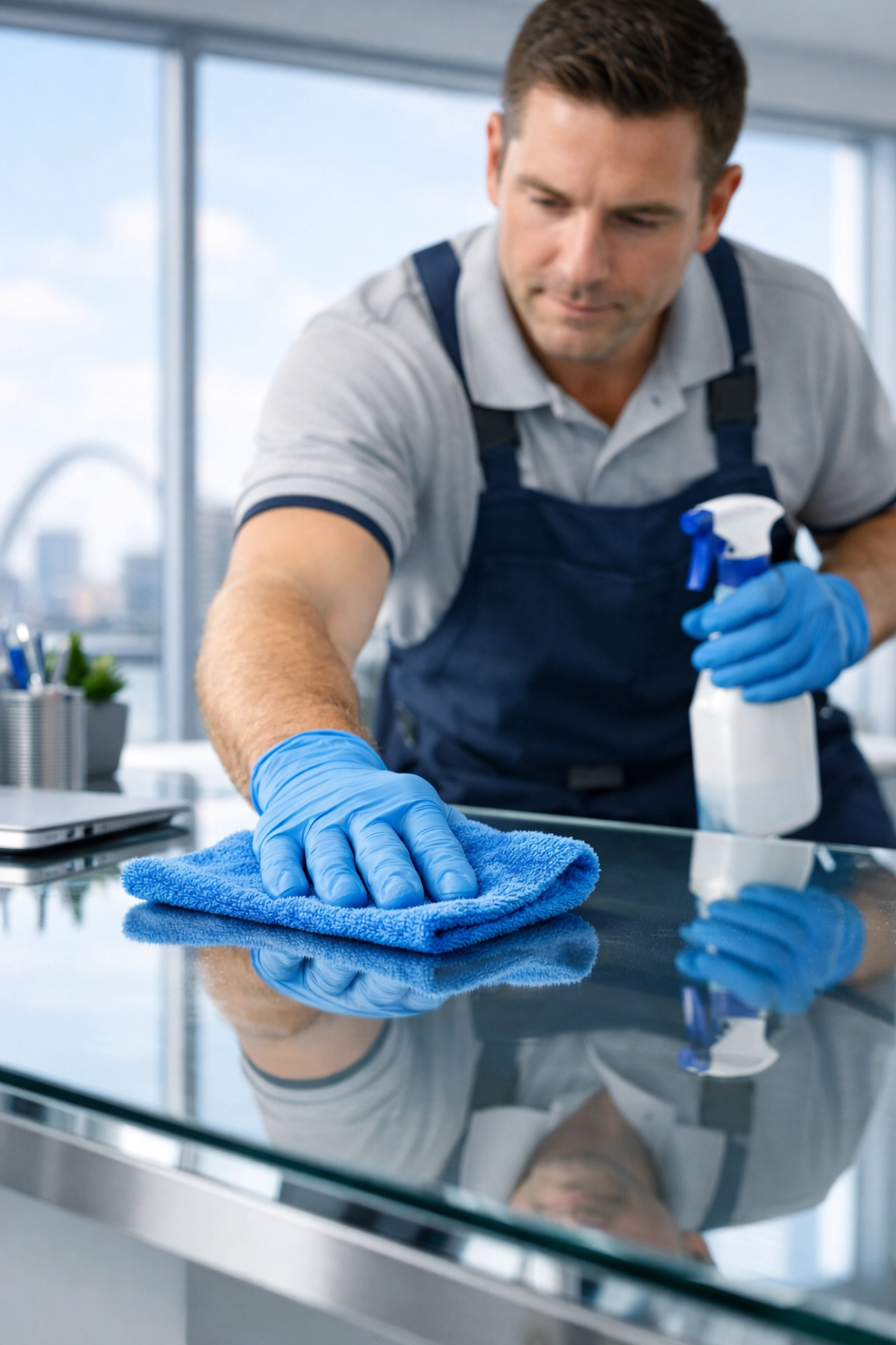 Professional cleaning technician sanitizing a desk in a modern Glasgow office, showing high contract cleaning standards.
