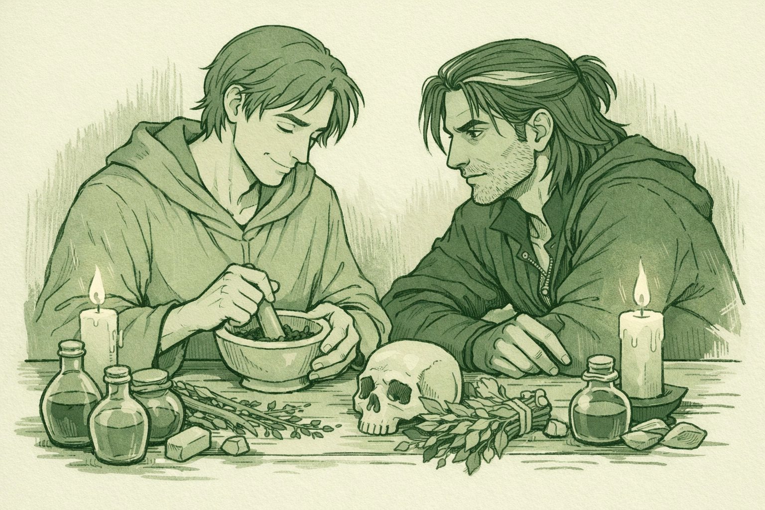 Alchemist and witcher negotiate over potions - MM fantasy romance