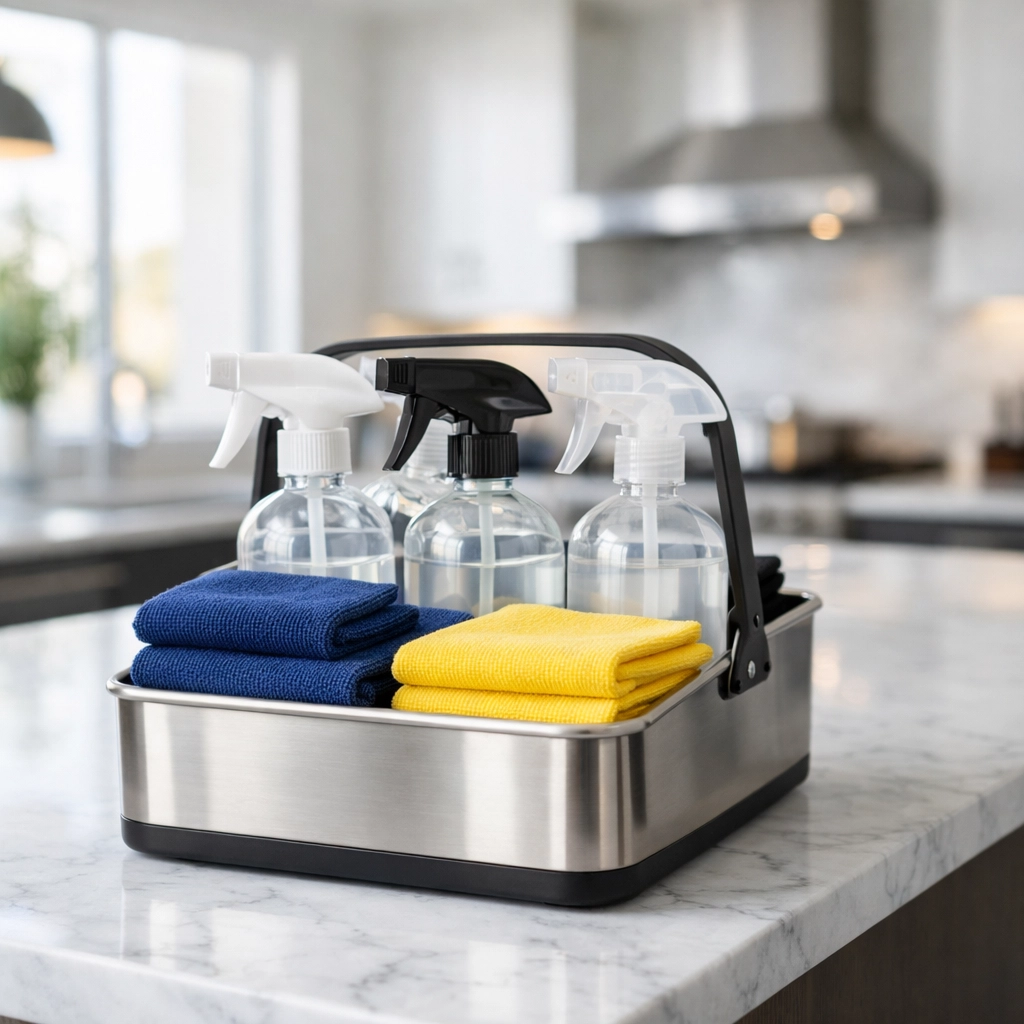 Professional cleaning caddy with microfiber cloths and sprays for House Cleaning Townsend MA.