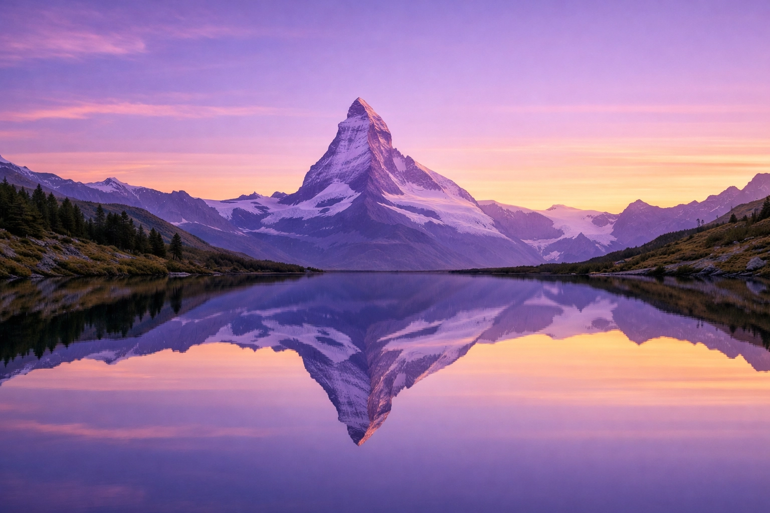 A perfectly still mountain lake reflecting a dawn sky, capturing the essence of soul rest and divine peace.