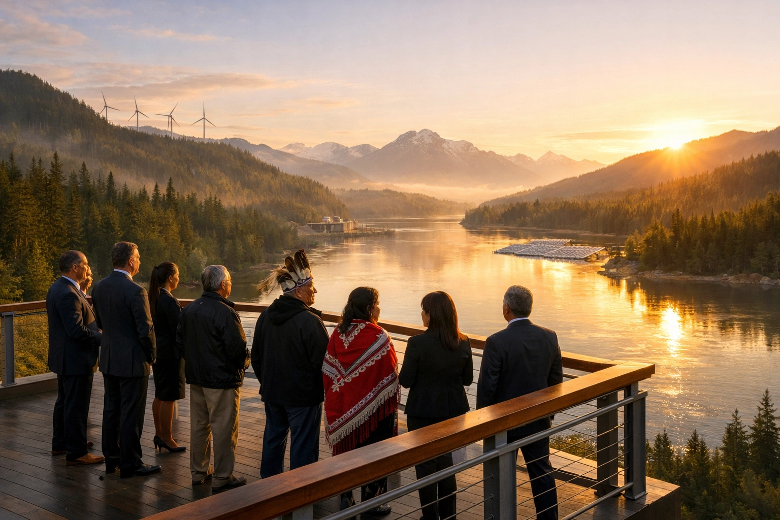 Indigenous community leaders and project executives confirming a sustainable resource partnership at dawn.