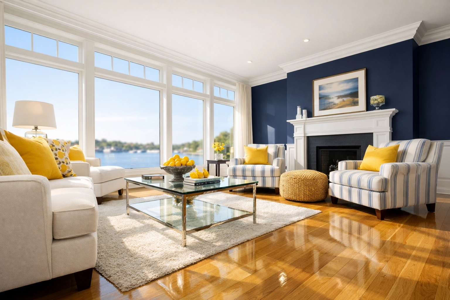 Immaculately clean coastal living room in Hingham showing luxury house cleaning on hardwood floors and molding.