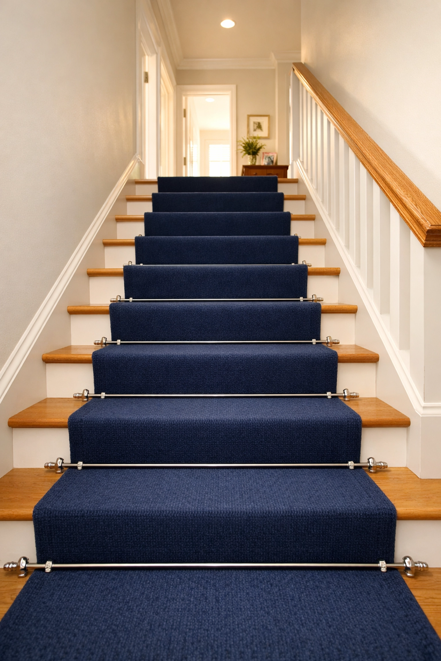 A professionally installed low-pile carpet runner on stairs for increased traction and safety.