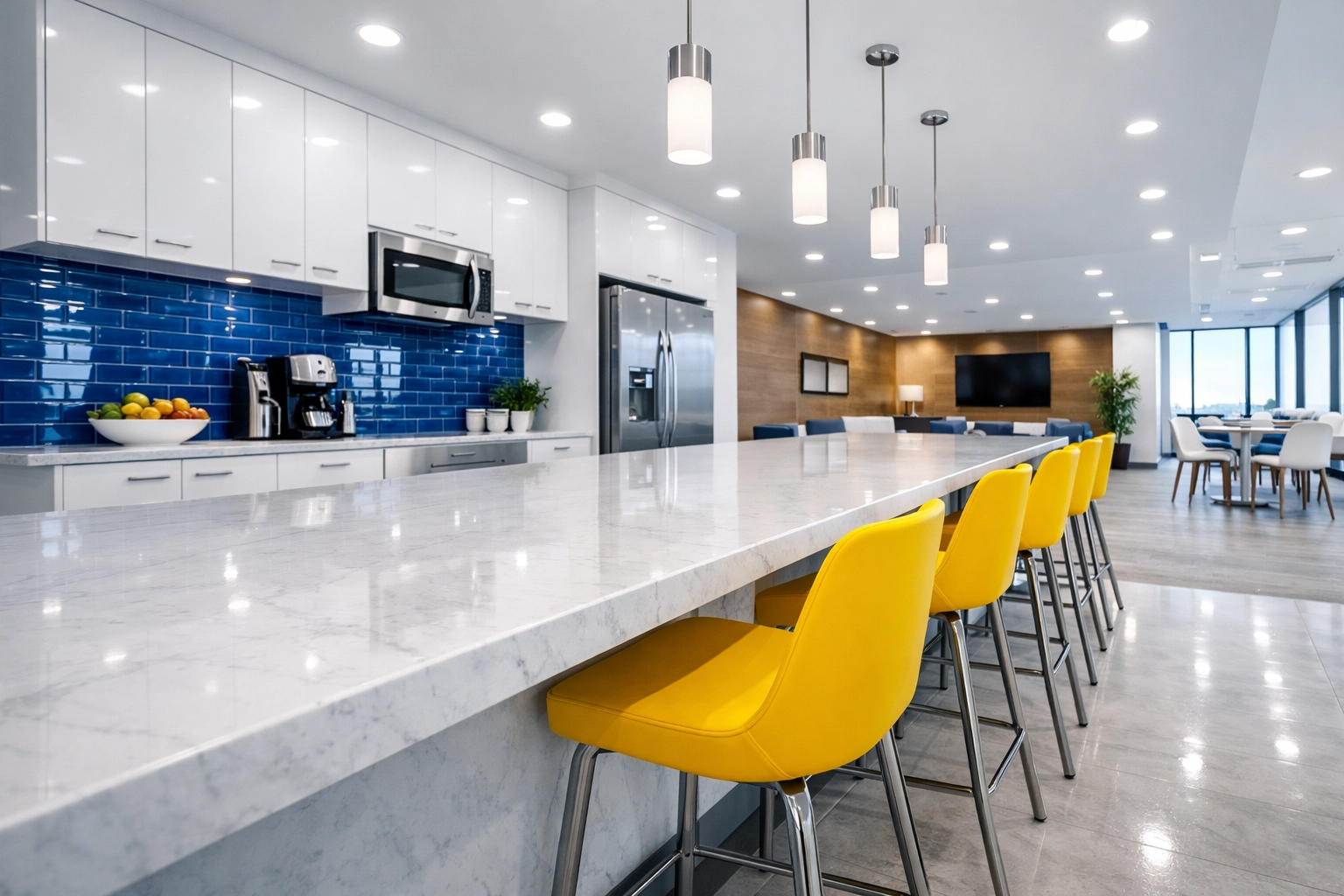 Spotless modern office breakroom with blue and yellow accents maintained by professional office cleaning Bedford.