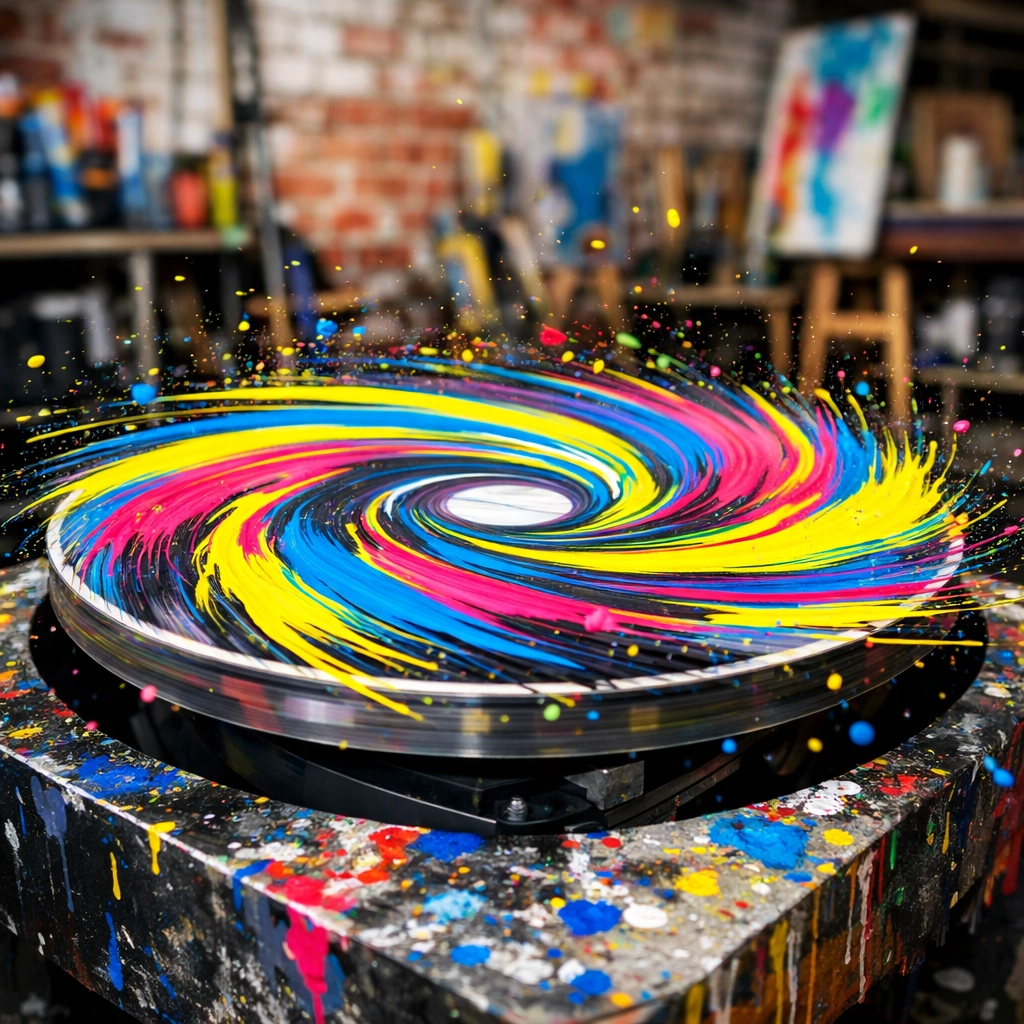 Vibrant spinning canvas art session at Art Chaos in Montreal's Mile End district.