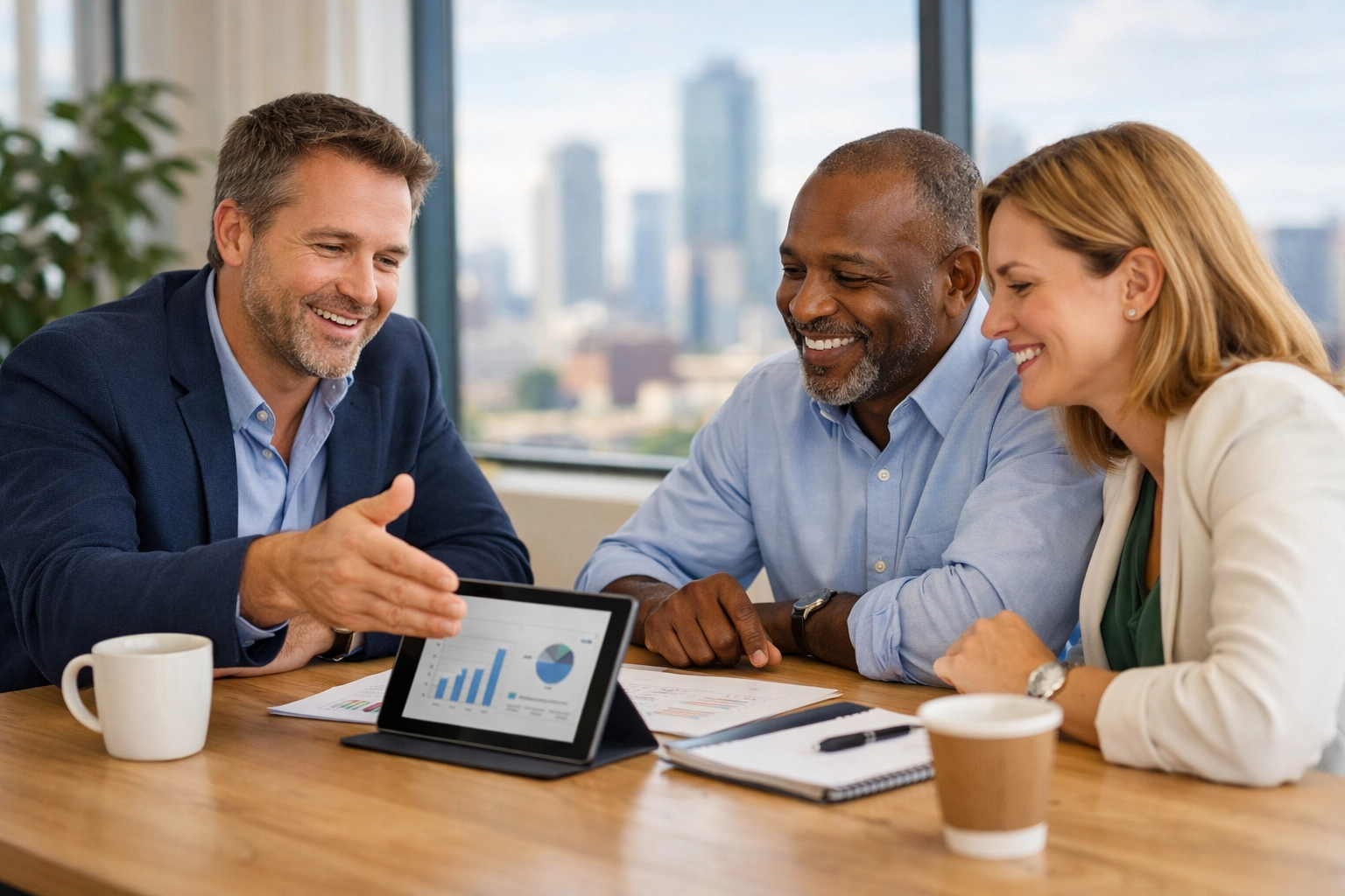 ServiceNow implementation partner discussing strategy and KPIs with business stakeholders in a modern boardroom.