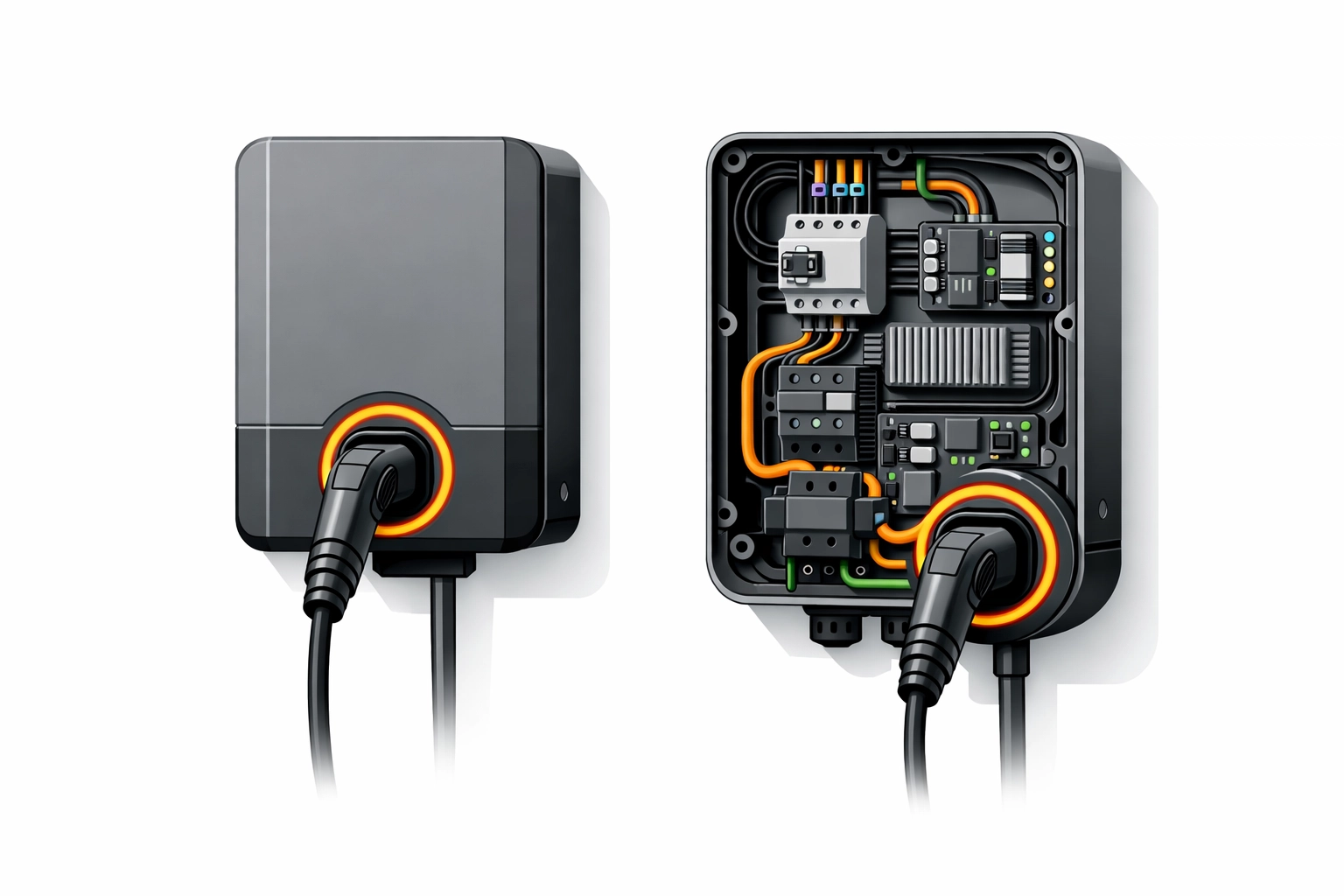 Technische Zeichnung einer modernen Wallbox Ladestation für die sichere Elektroinstallation.