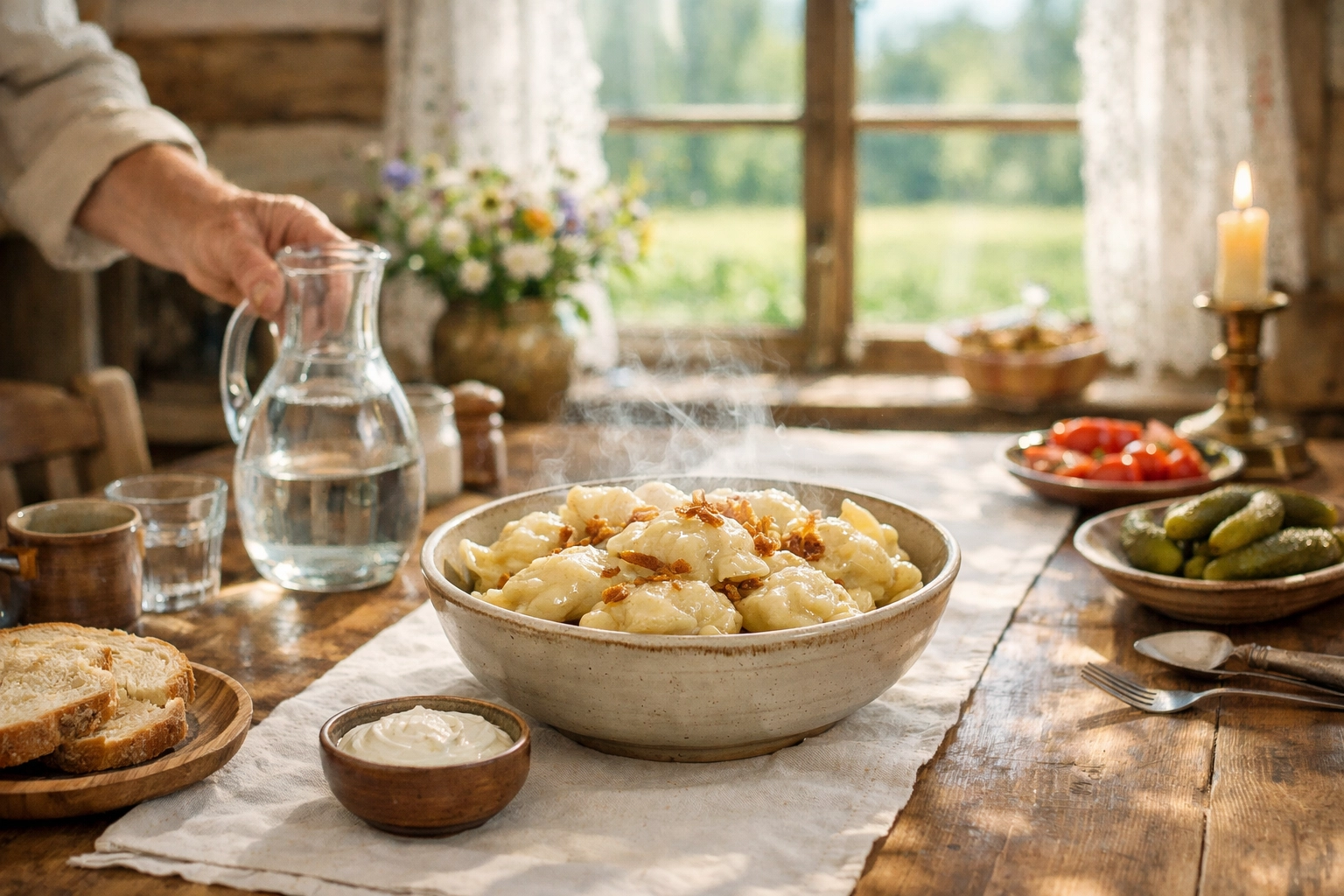 Parująca miska domowych pierogów na drewnianym stole w jasnej jadalni.