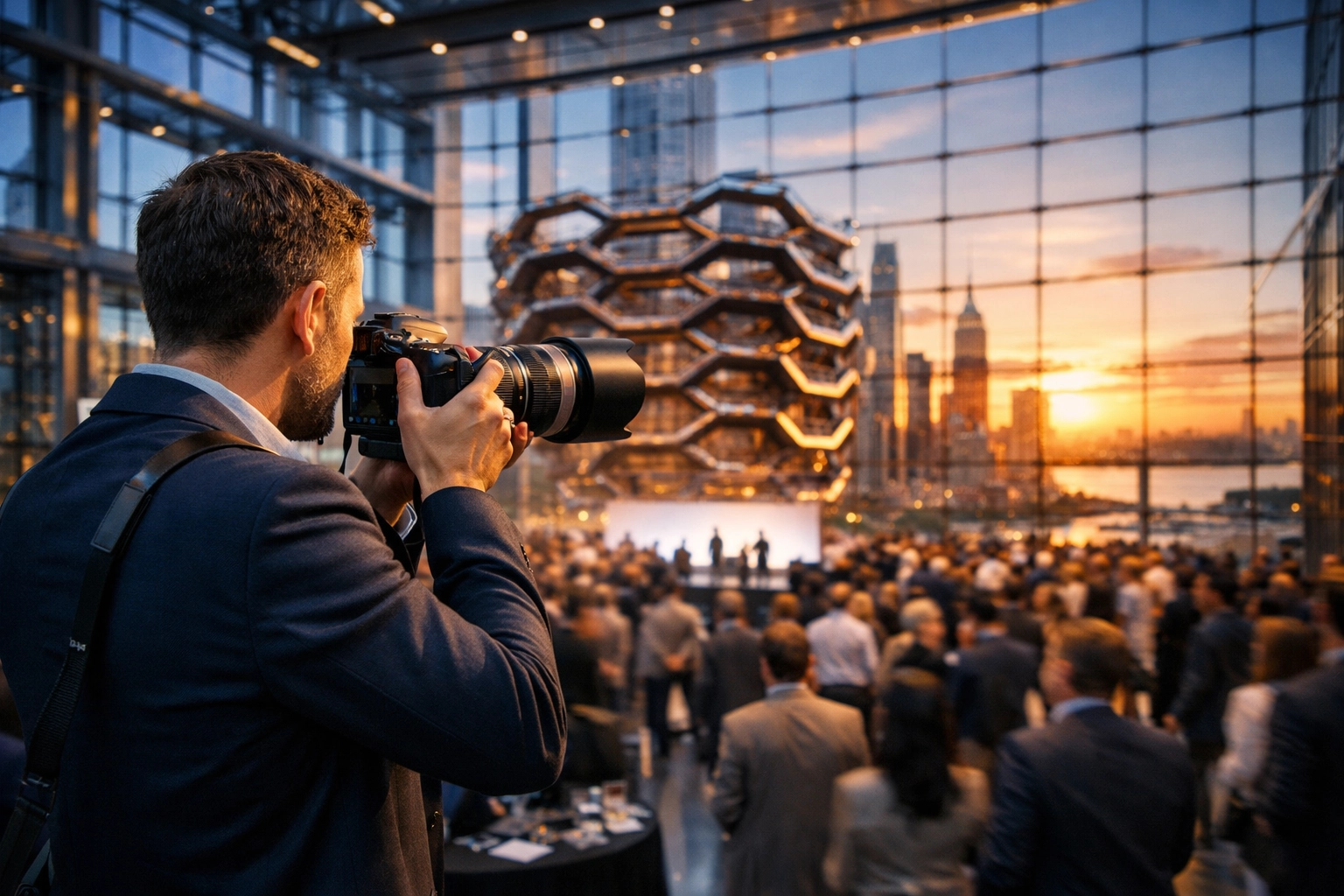 Corporate event photographer capturing a keynote in a modern New York City conference hall with skyline views.