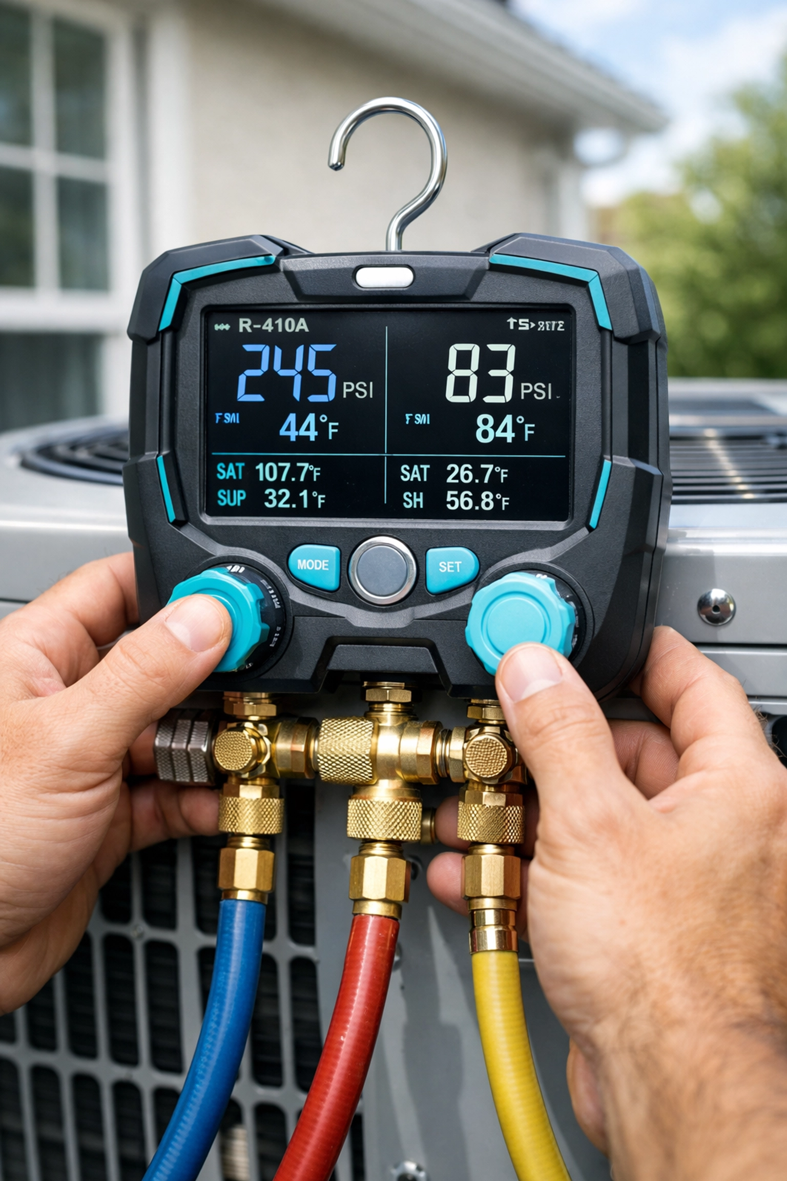 A professional technician performing refrigerant leak repair diagnostics on an outdoor air conditioning unit in Florida.