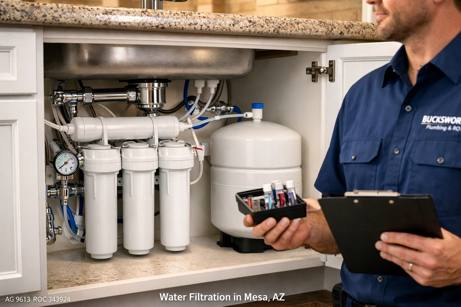 Reverse Osmosis water filtration system professionally installed in a Mesa kitchen by Bucksworth.