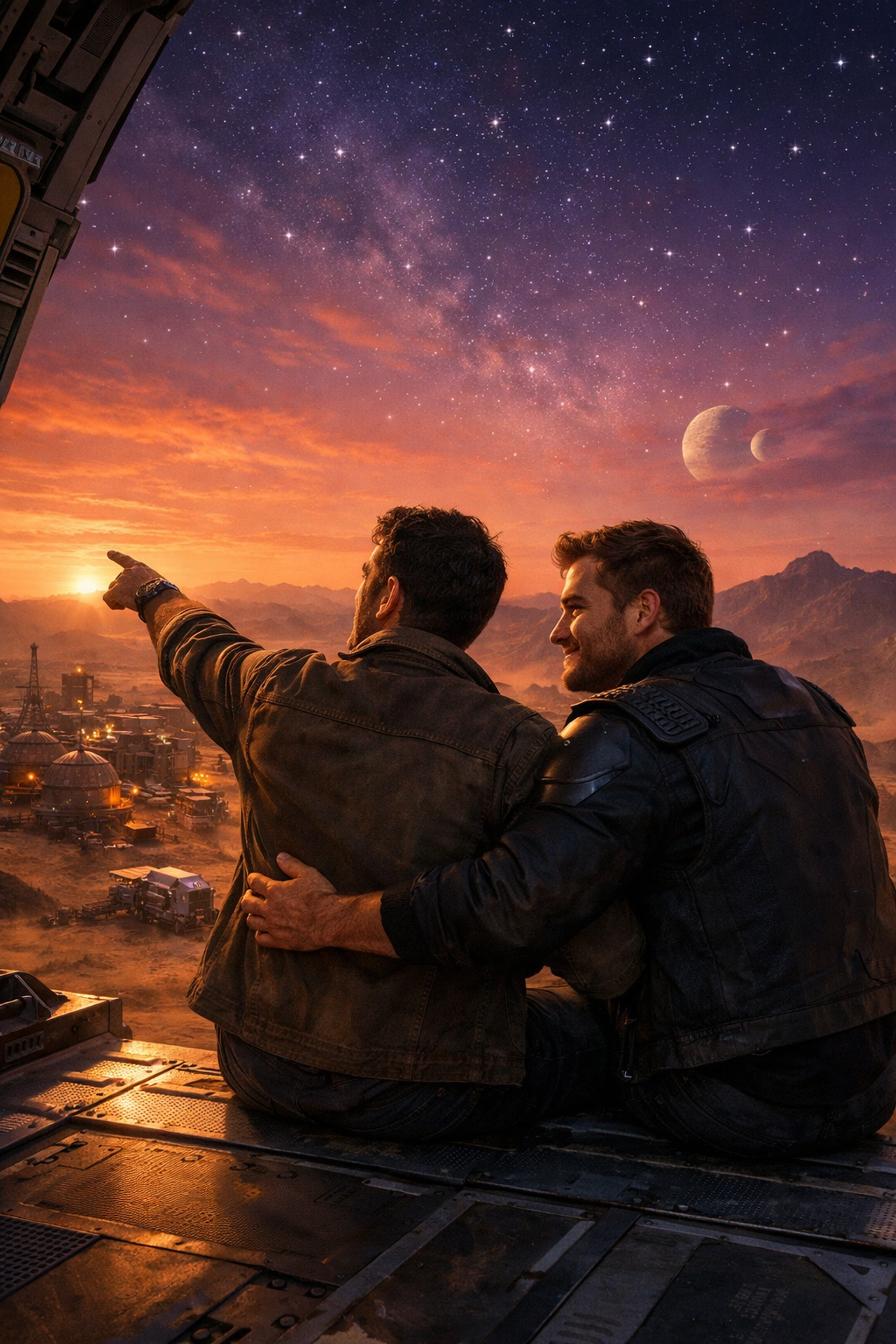 Gay couple on spacecraft ramp gazing at mining colony and stars, planning their future together