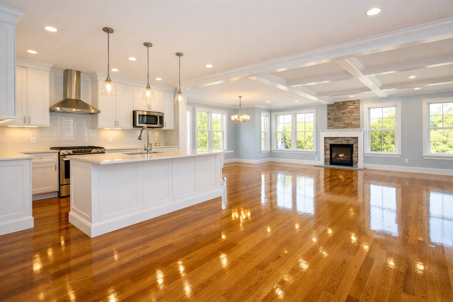 Spotless empty kitchen after a move-out deep house cleaning Ashby MA service for a residential property.