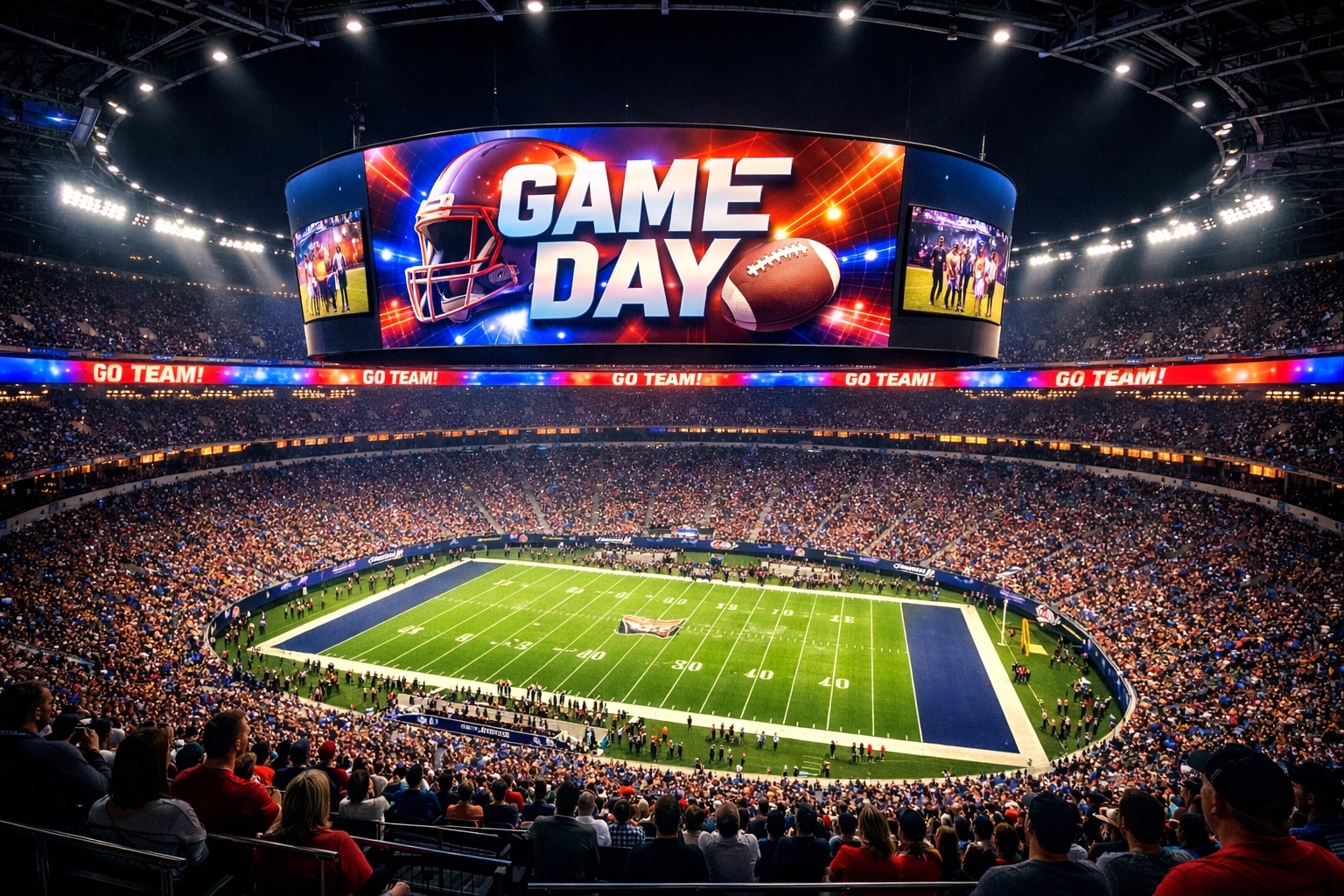 Vibrant stadium advertising network featuring high-impact digital displays and jumbotron screens during a game.