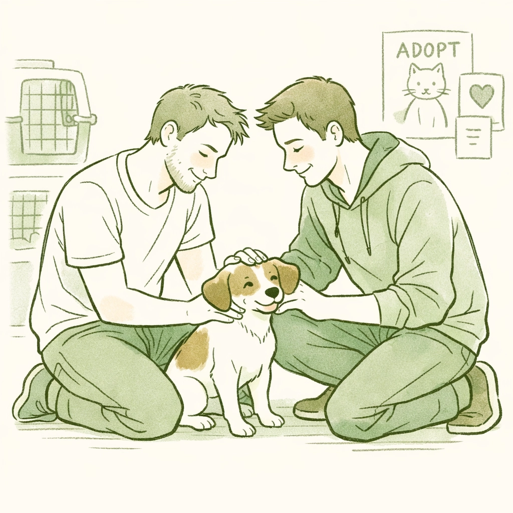 Two men caring for rescue dog at animal shelter supporting homeless pets