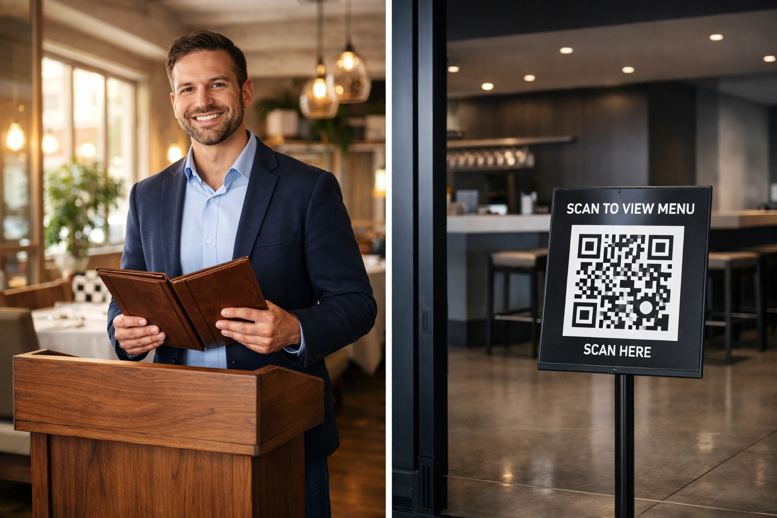 Split view: friendly restaurant host with menus vs. empty entrance with QR code sign