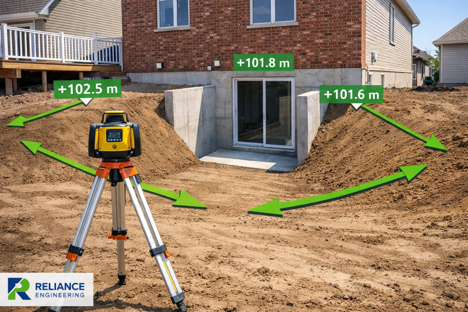 Site grading plan execution for an Ontario multi-unit conversion featuring a surveying laser level.