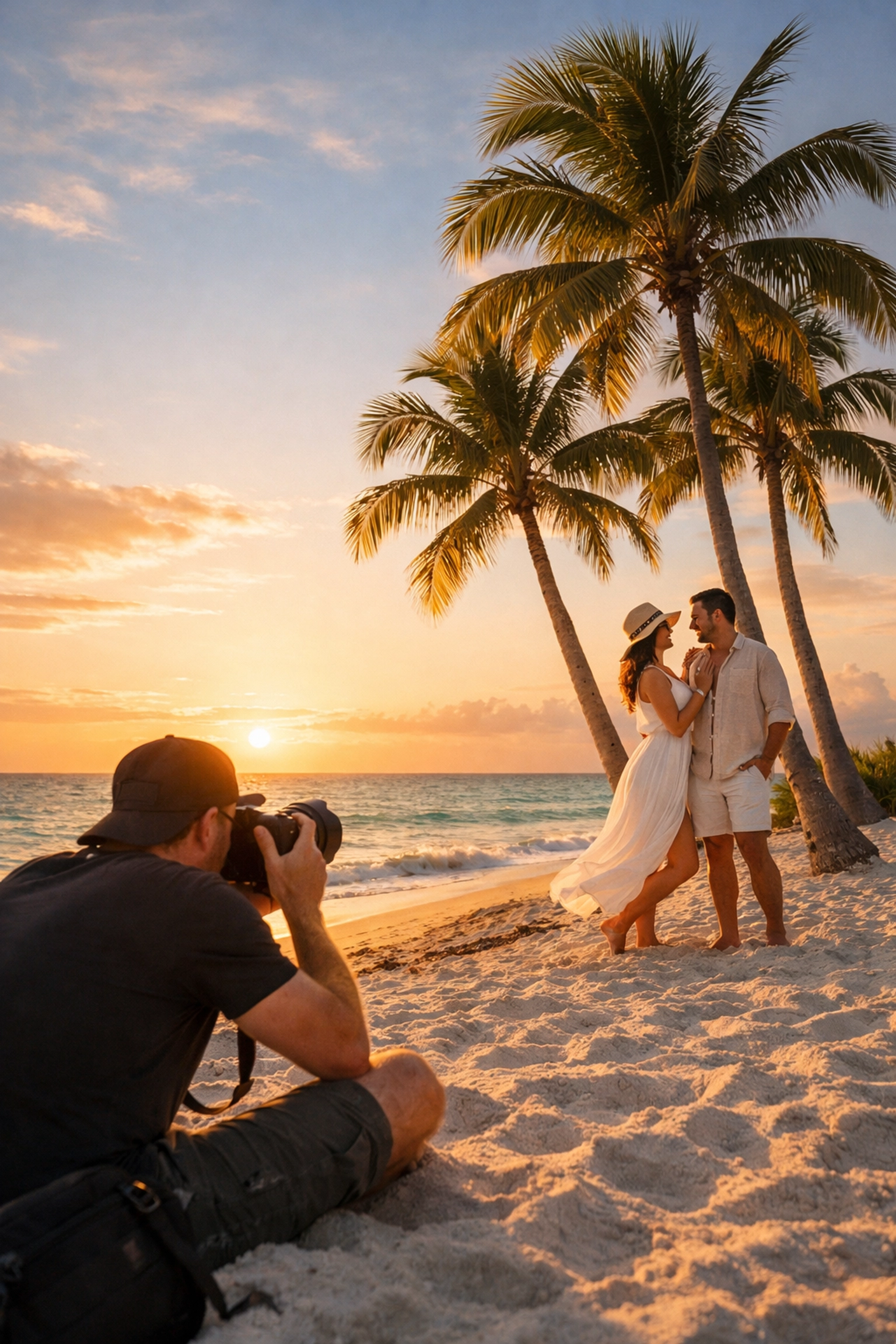 Brand photography session on a Miami beach during the magic hour sunset.