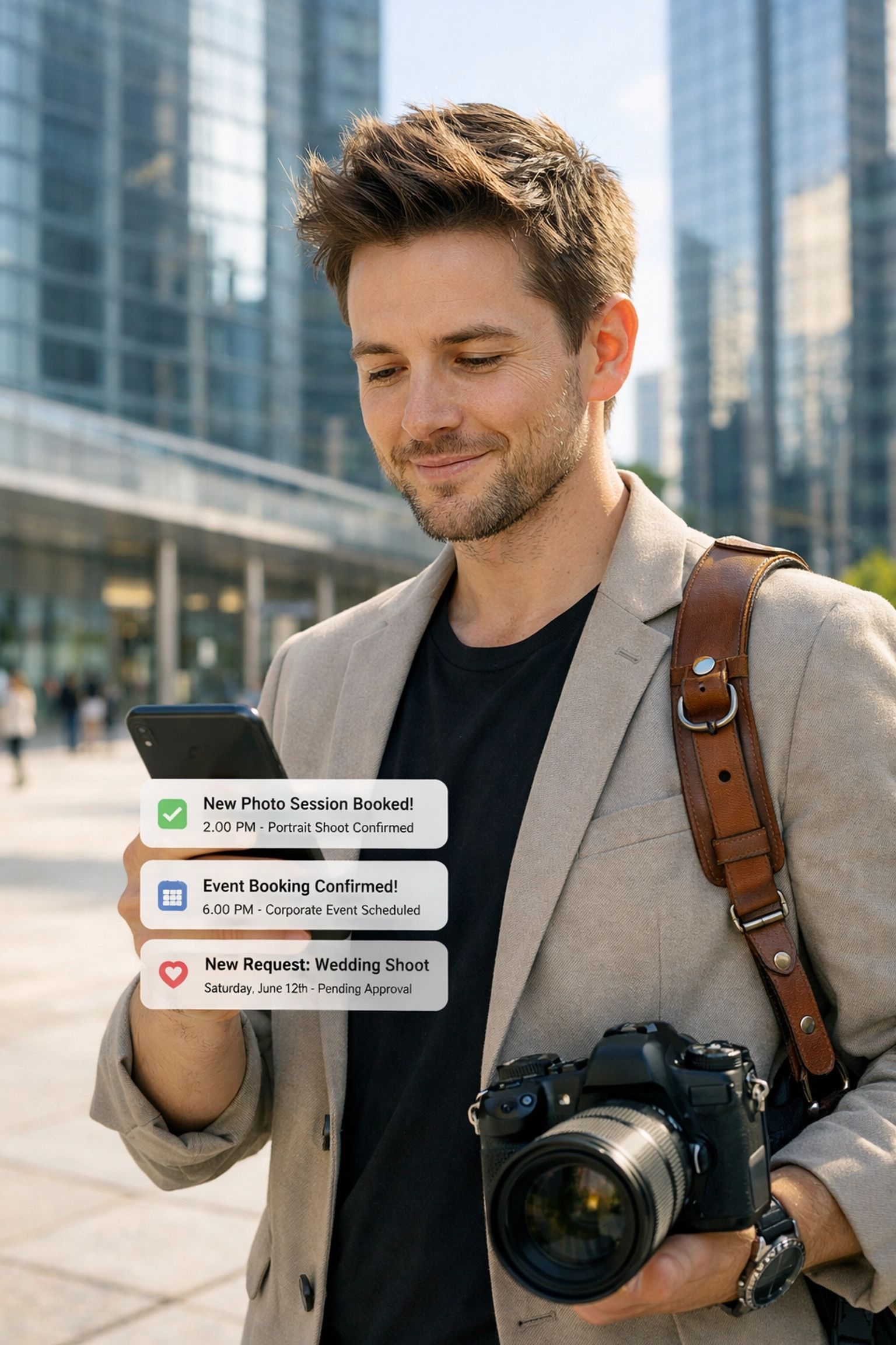 Freelance photographer checking client booking notifications on a smartphone in a modern city plaza.
