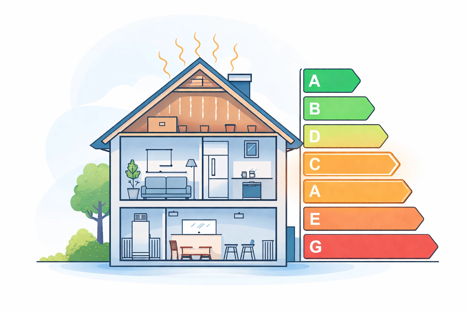 House cross-section with EPC rating scale showing heat loss due to poor loft insulation