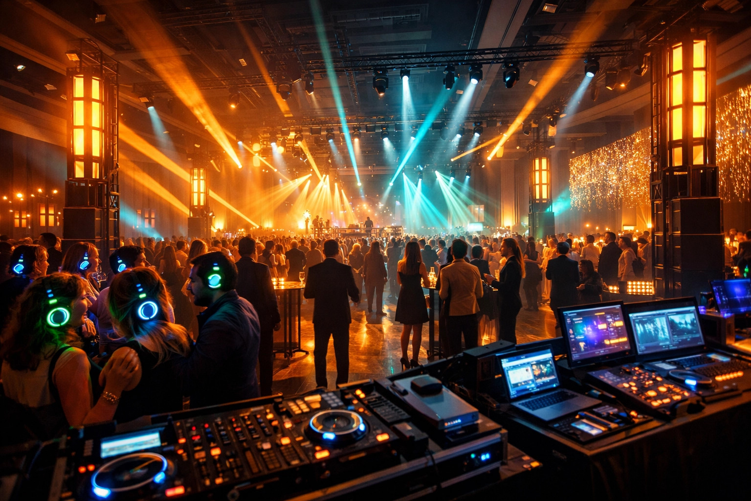 High-energy corporate event production with professional lighting and guests enjoying a silent disco experience.
