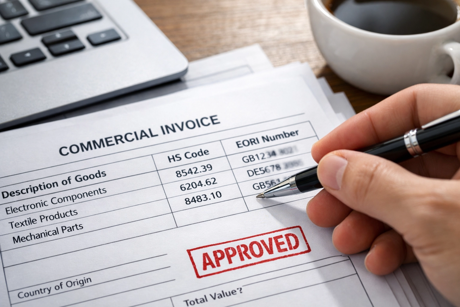 Customs documentation being reviewed with approved stamp by licensed clearance agent
