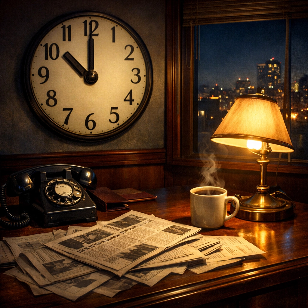 Calm newsroom desk at night with newspapers and coffee before bedtime
